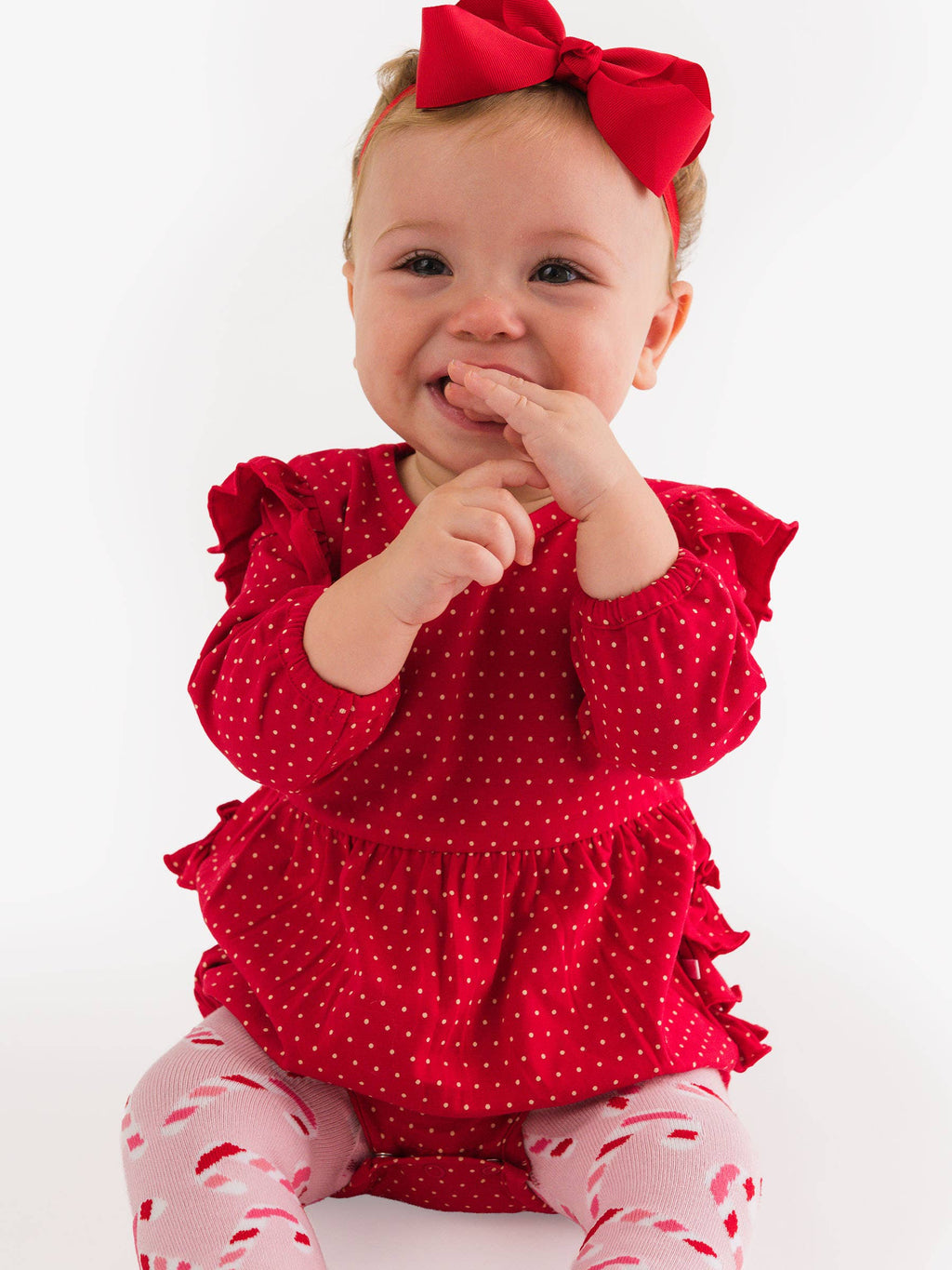 RuffleButts + RuggedButts - Baby Girls Tiny Red & Pink Dots Knit Long Sleeve Flutter Bubble Romper