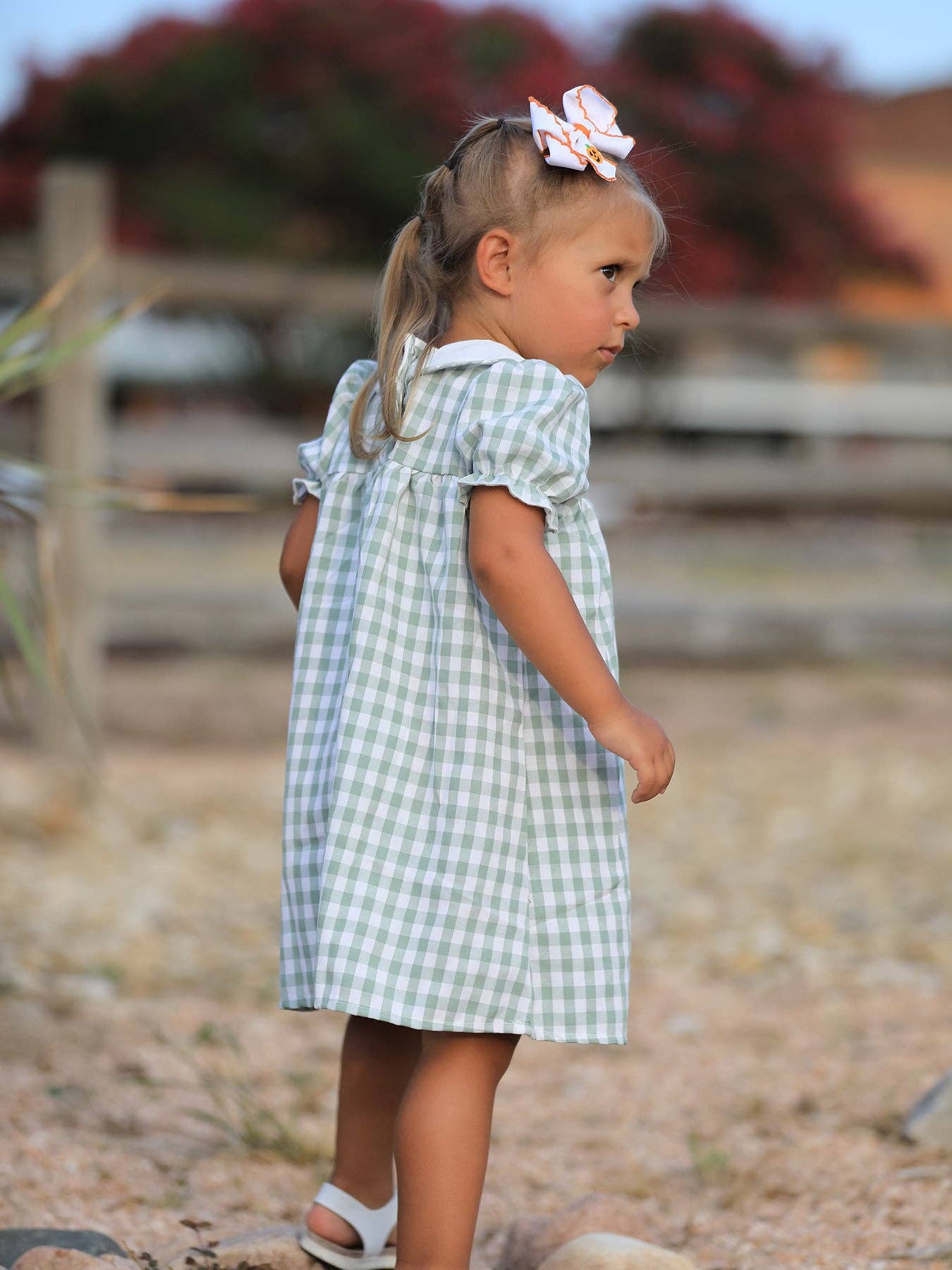 Rylee Faith Designs - Fall Halloween & Thanksgiving Pumpkin Applique Plaid Green Girls Dress