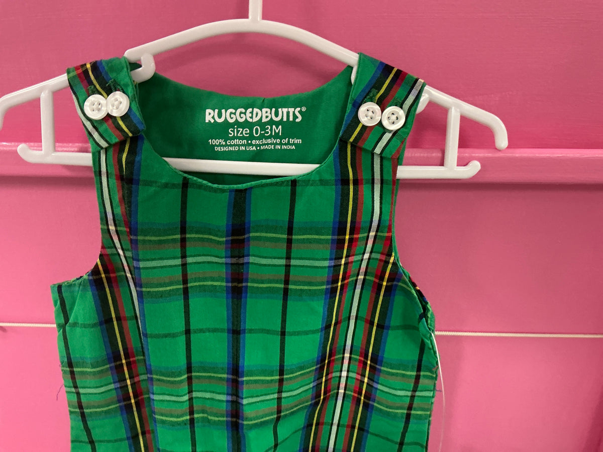 RuffleButts + RuggedButts - Baby Boys Green Nicholas Plaid Longall Romper