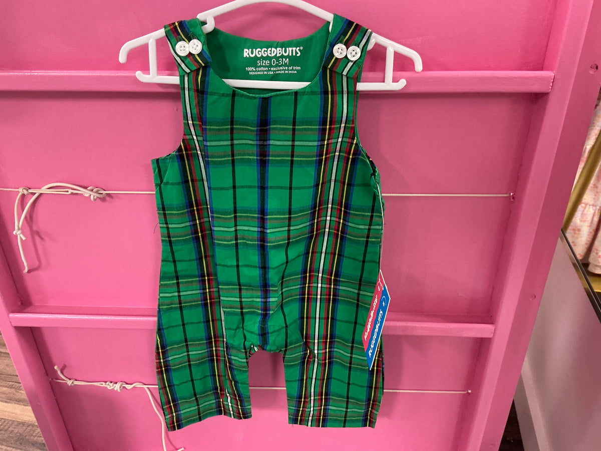 RuffleButts + RuggedButts - Baby Boys Green Nicholas Plaid Longall Romper