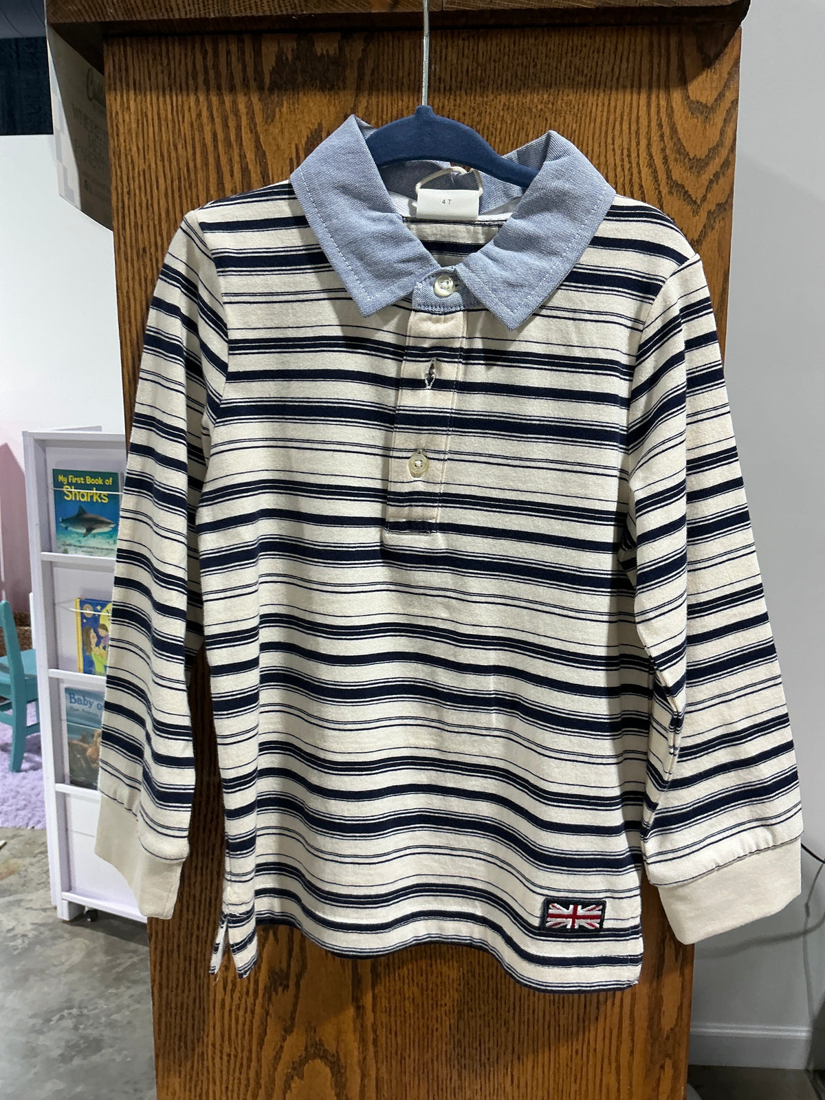 LS stripe polo chambray collar