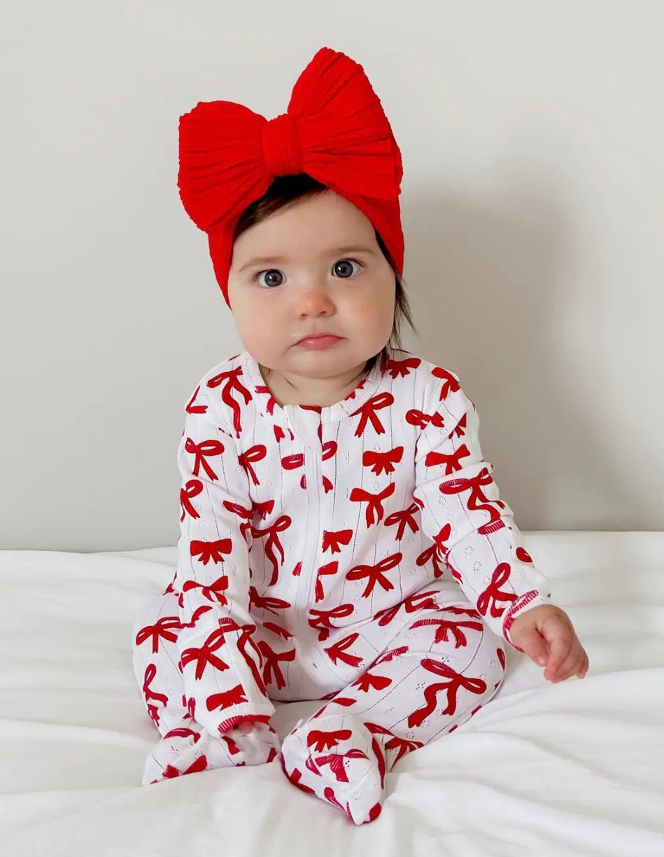 SIIX Collection - Red Bows / Organic Pointelle 2-Way Zip Footie