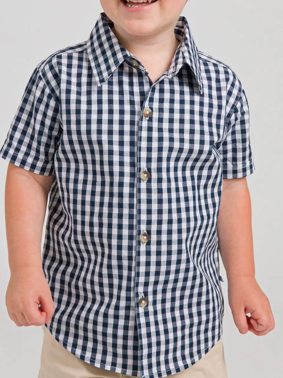 RuffleButts + RuggedButts - Boys Classic Dark Navy Gingham Short Sleeve Button Down Shirt