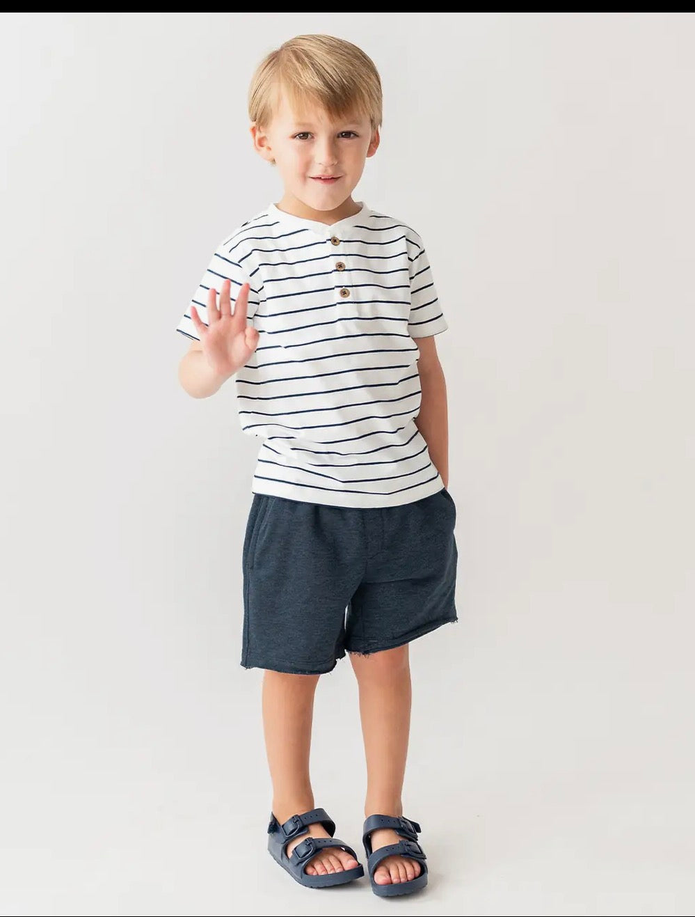 RuffleButts + RuggedButts - Boys White & Navy Stripe Short Sleeve Henley