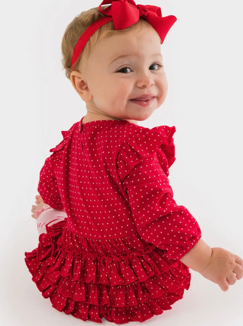 RuffleButts + RuggedButts - Baby Girls Tiny Red & Pink Dots Knit Long Sleeve Flutter Bubble Romper