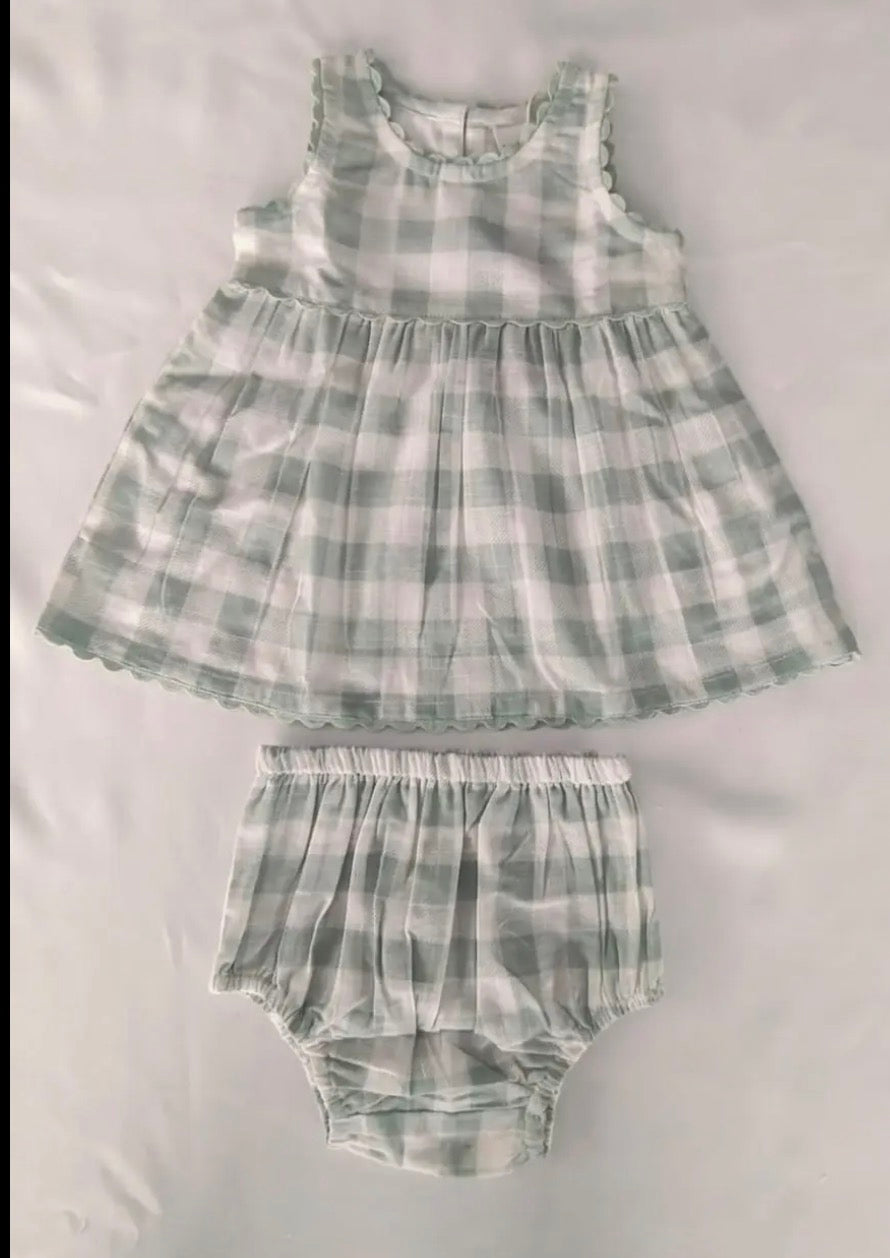 Infant Yo baby sage check dress with bloomers