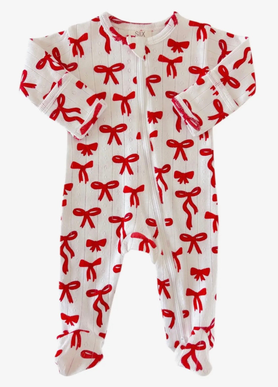 SIIX Collection - Red Bows / Organic Pointelle 2-Way Zip Footie