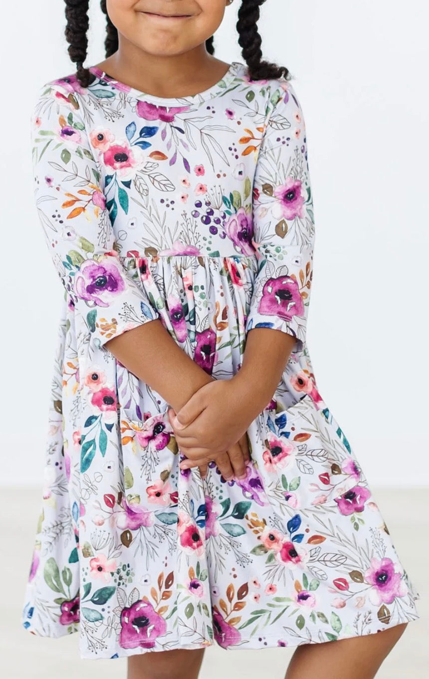 mila and rose midnight rain 3/4 sleeve pocket twirl dress