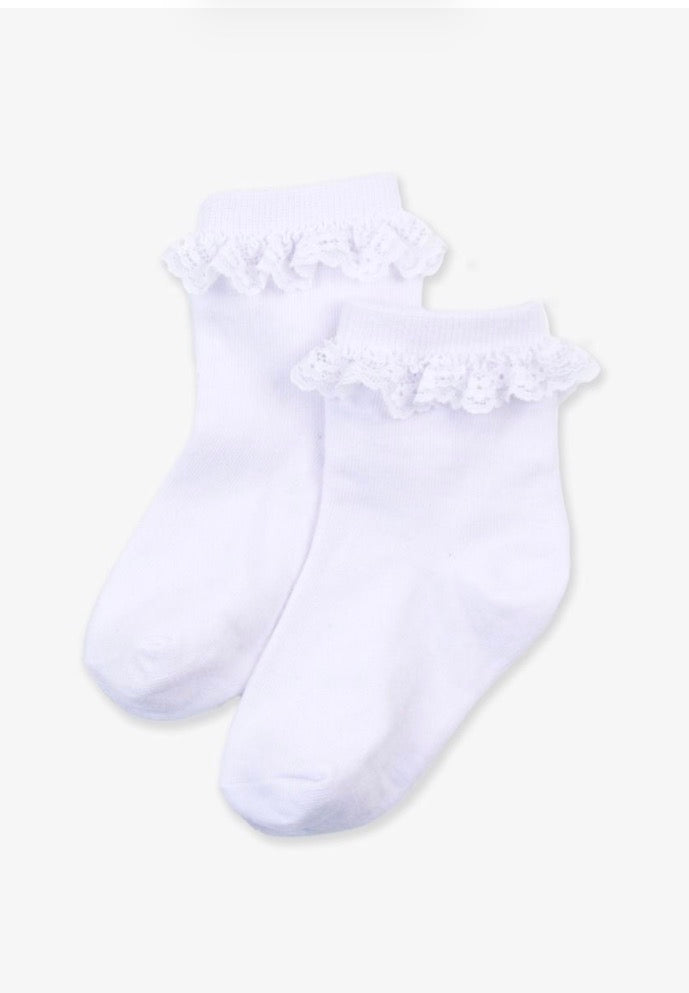 RuffleButts + RuggedButts - Girls White 3-Pack Ruffle Ankle Socks