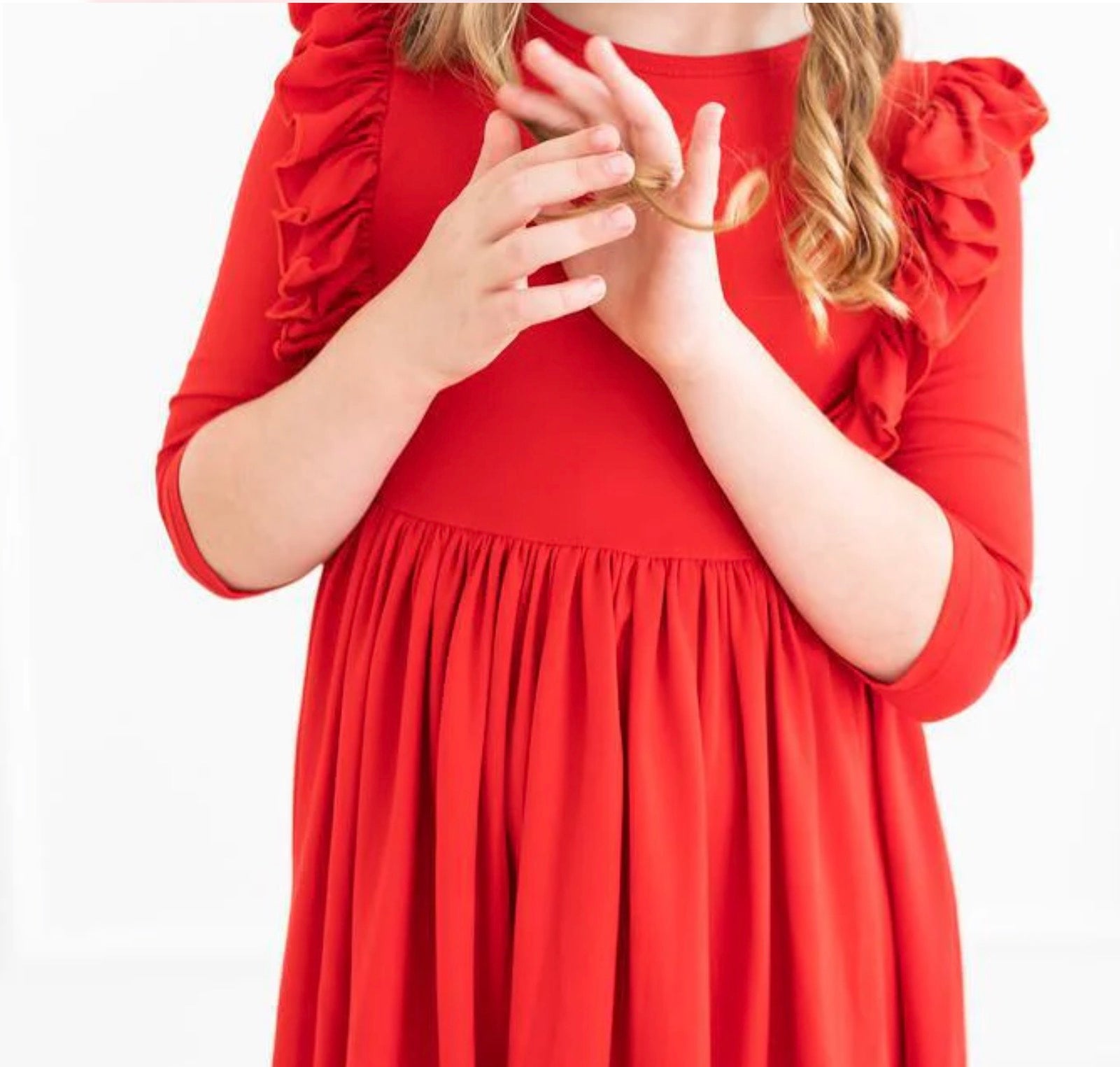Mila and Rose red 3/4 sleeve ruffle twirl dress