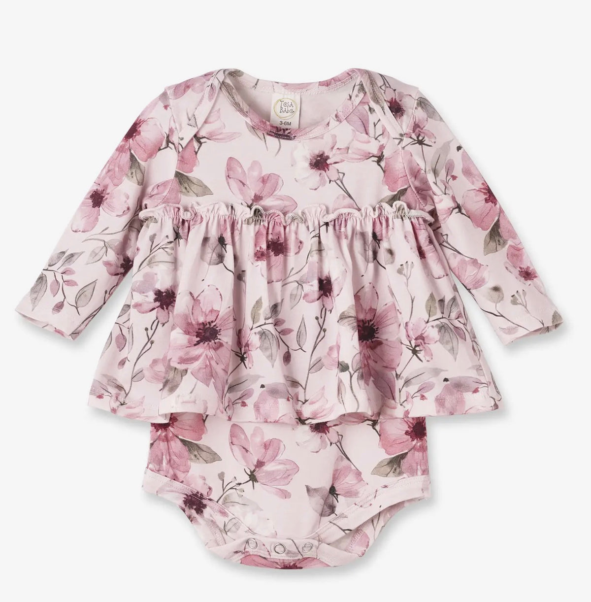 Tesa Babe watercolor, floral, skirted baby bodysuit