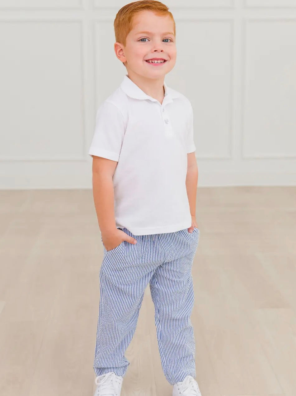 RuffleButts + RuggedButts - Boys Blue Seersucker Pull-On Pants