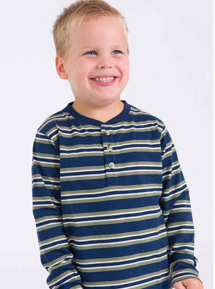 RuffleButts + RuggedButts - Boys Dark Navy & Olive Stripe Knit Long Sleeve Henley Tee