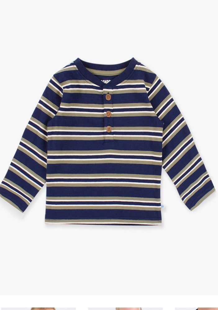 RuffleButts + RuggedButts - Boys Dark Navy & Olive Stripe Knit Long Sleeve Henley Tee