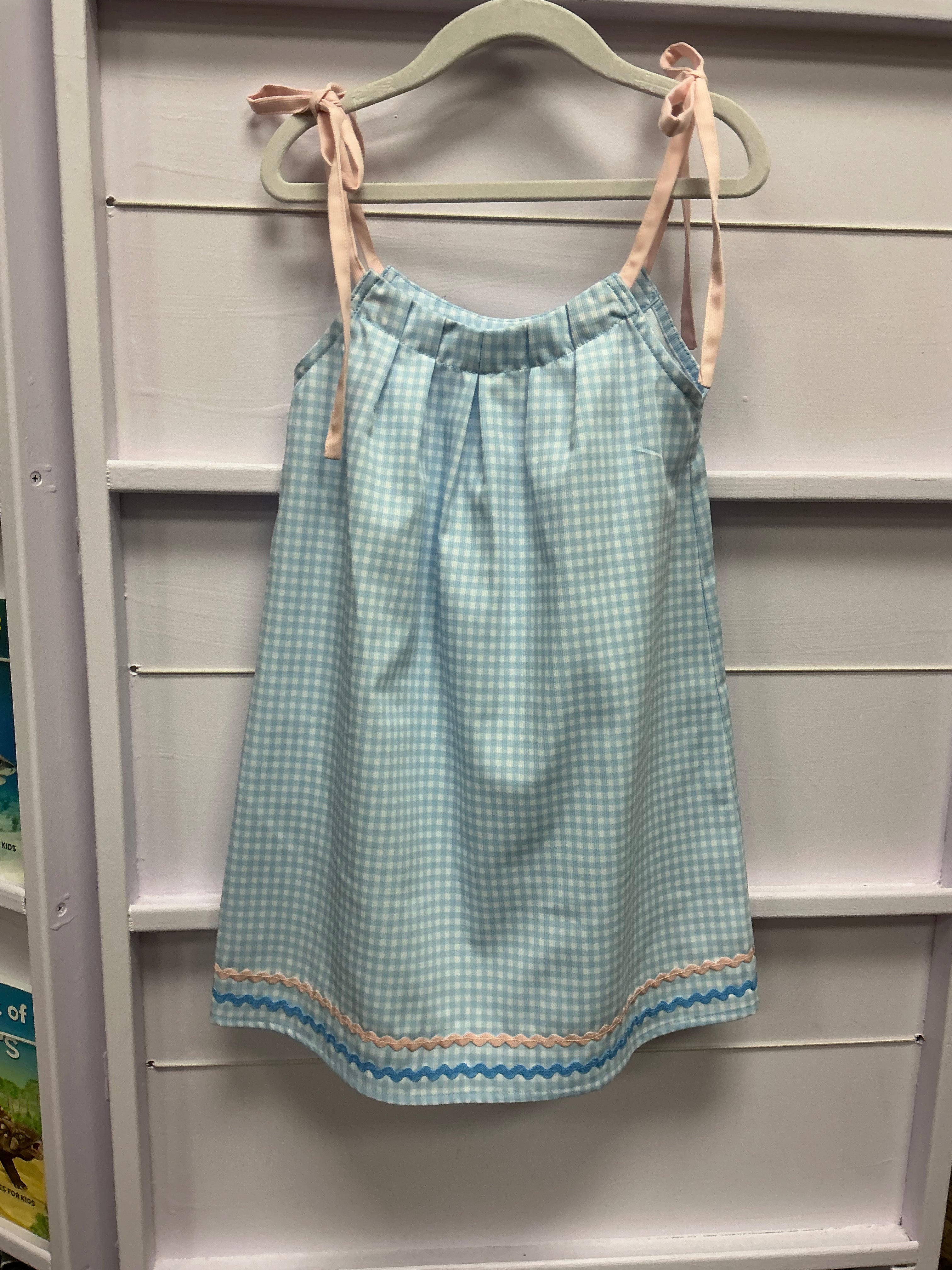Sally Kids Rick Rack/Gingham tie shoulder dress- blue/white