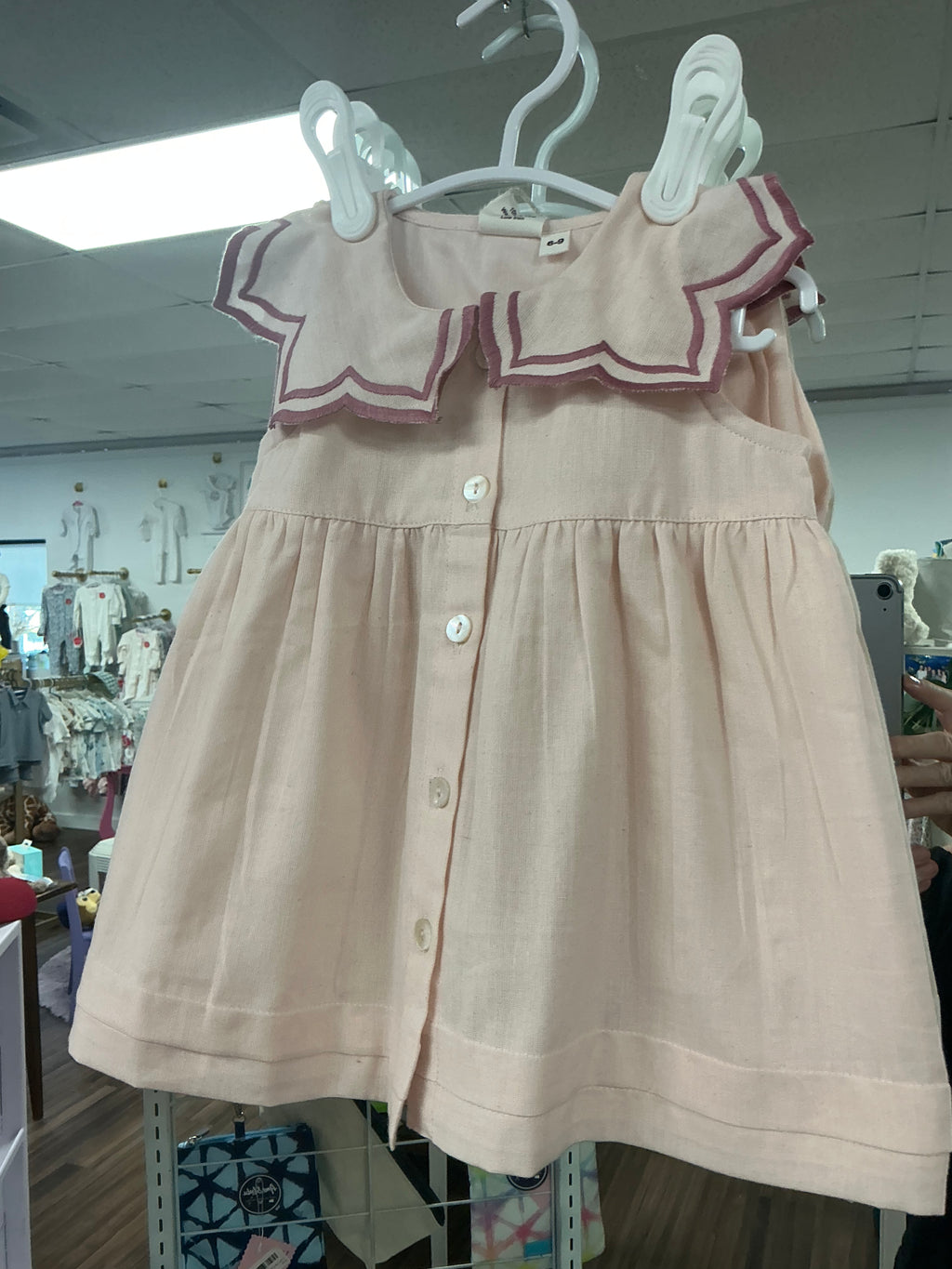 Infant soft pink, 100% cotton dress with bloomers, Royal Arches collar