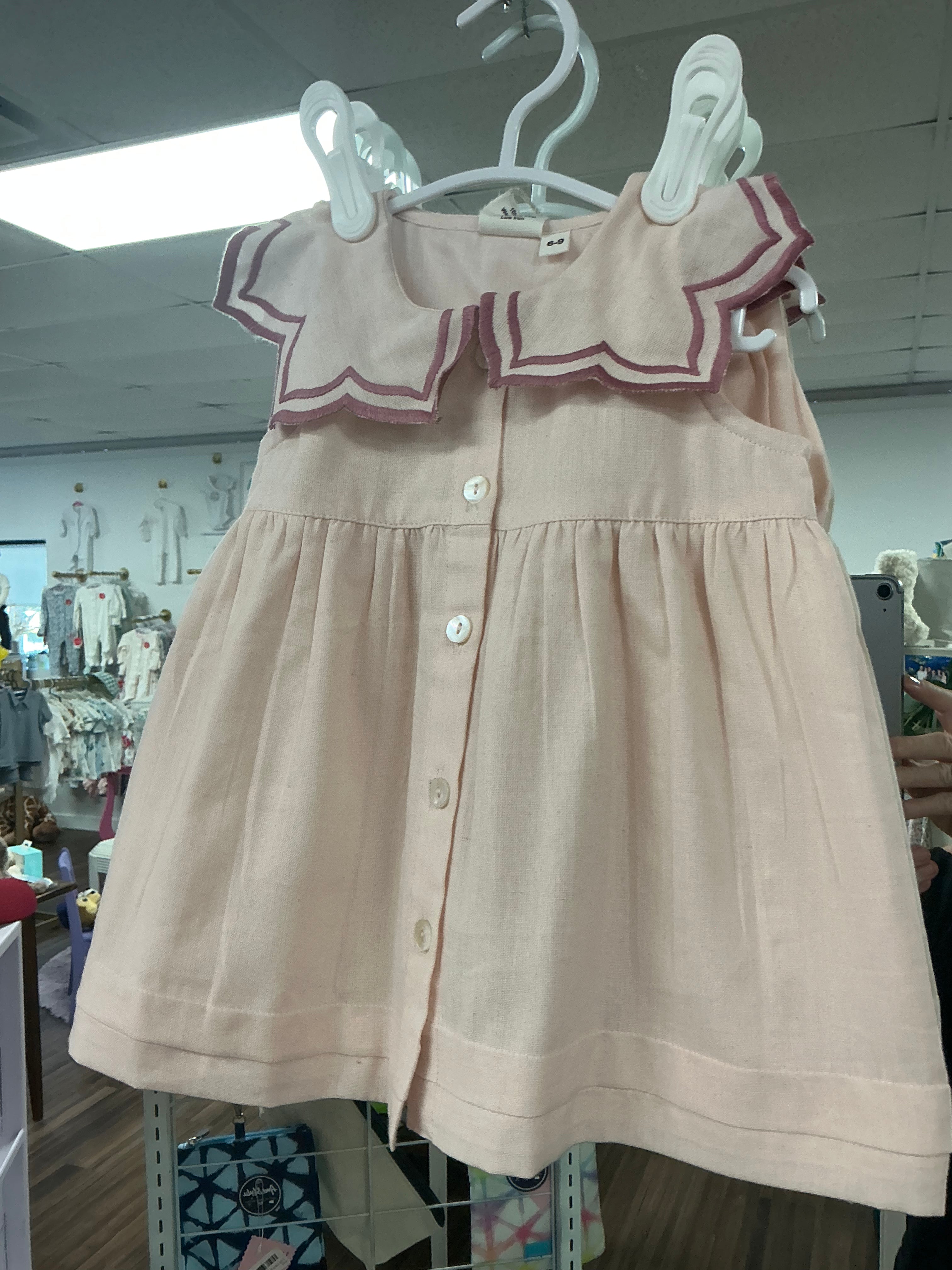 Infant soft pink, 100% cotton dress with bloomers, Royal Arches collar