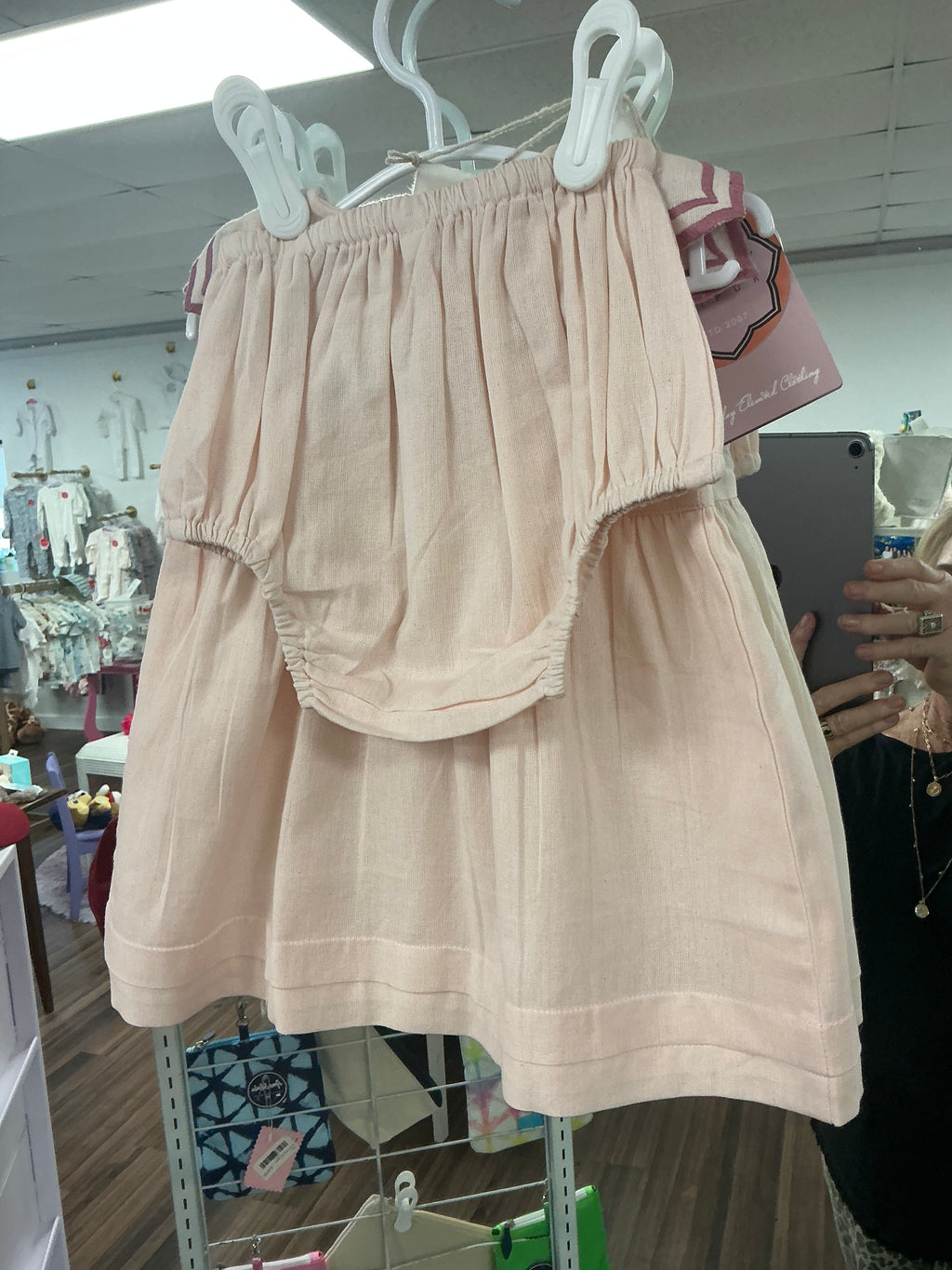 Infant soft pink, 100% cotton dress with bloomers, Royal Arches collar