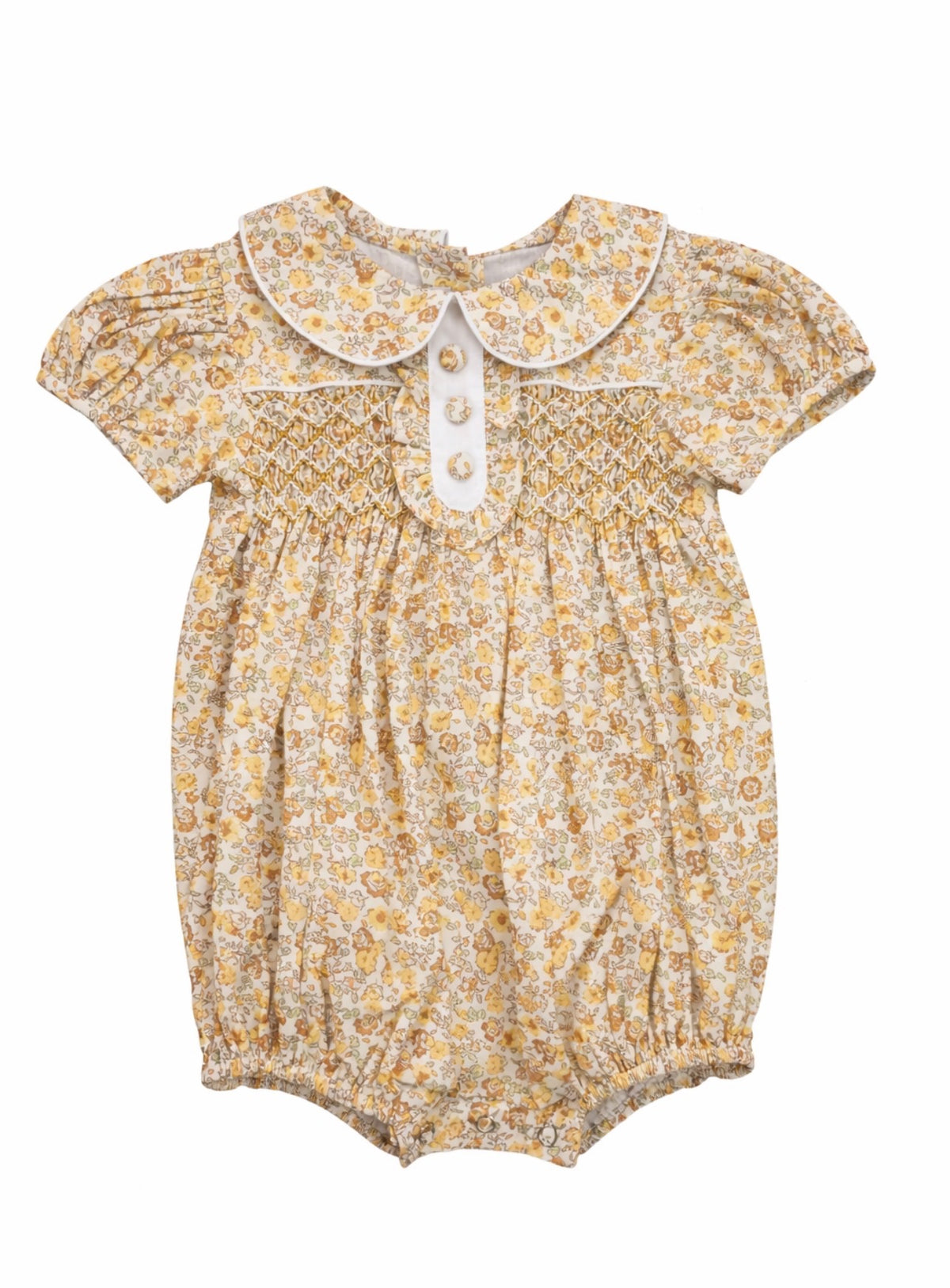 Sandy Yellow Floral 3 Button Smocked Bubble