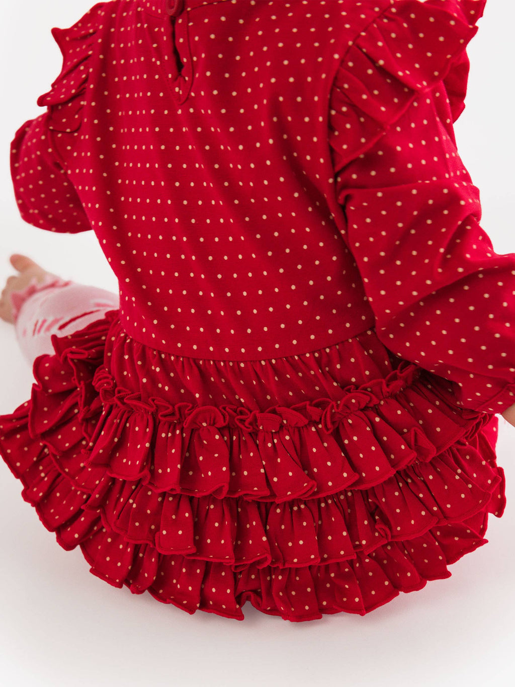 RuffleButts + RuggedButts - Baby Girls Tiny Red & Pink Dots Knit Long Sleeve Flutter Bubble Romper