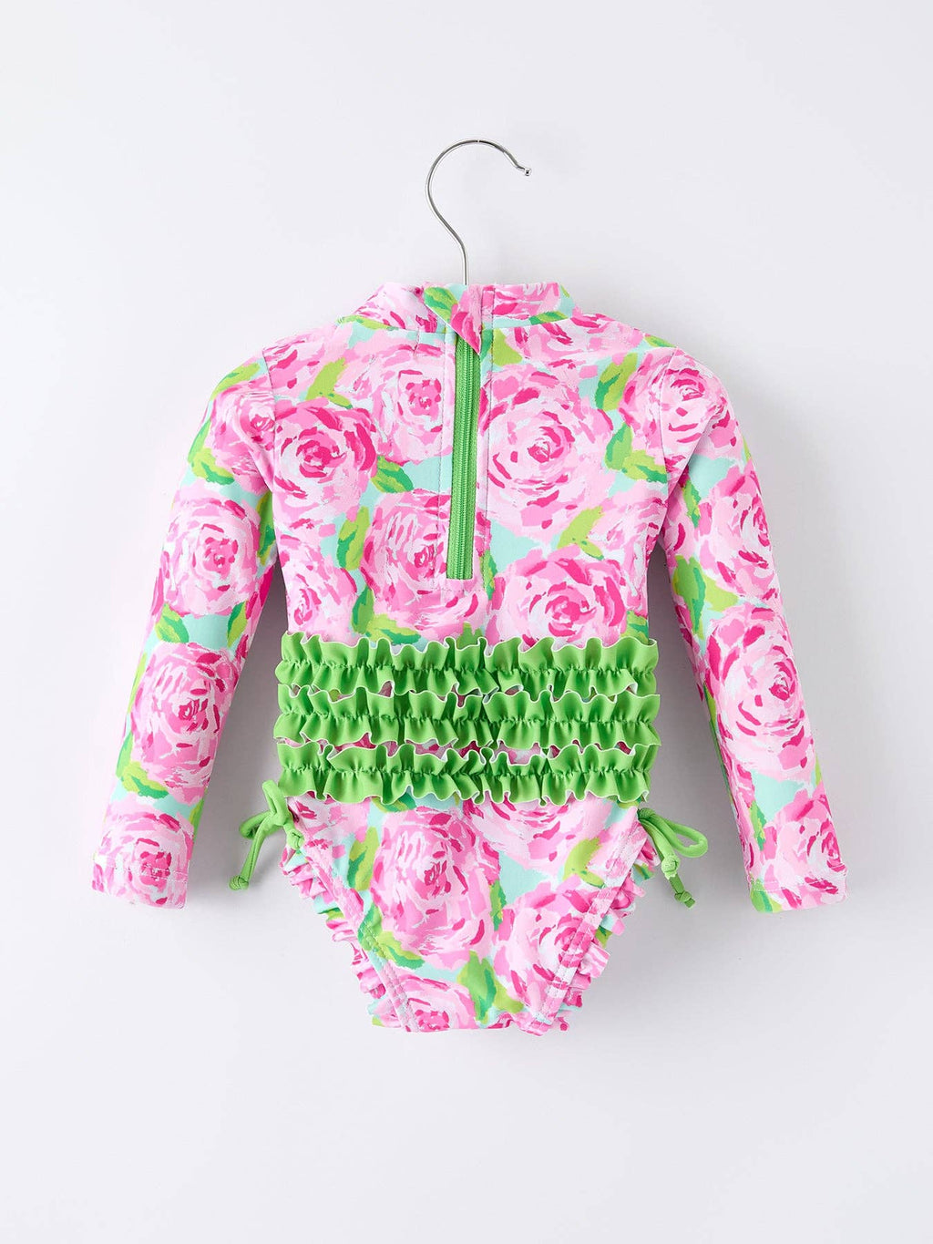Rylee Faith Designs - Summer Rose Floral Print Girl Long Sleeve Ruffle One Piece Swimsuit