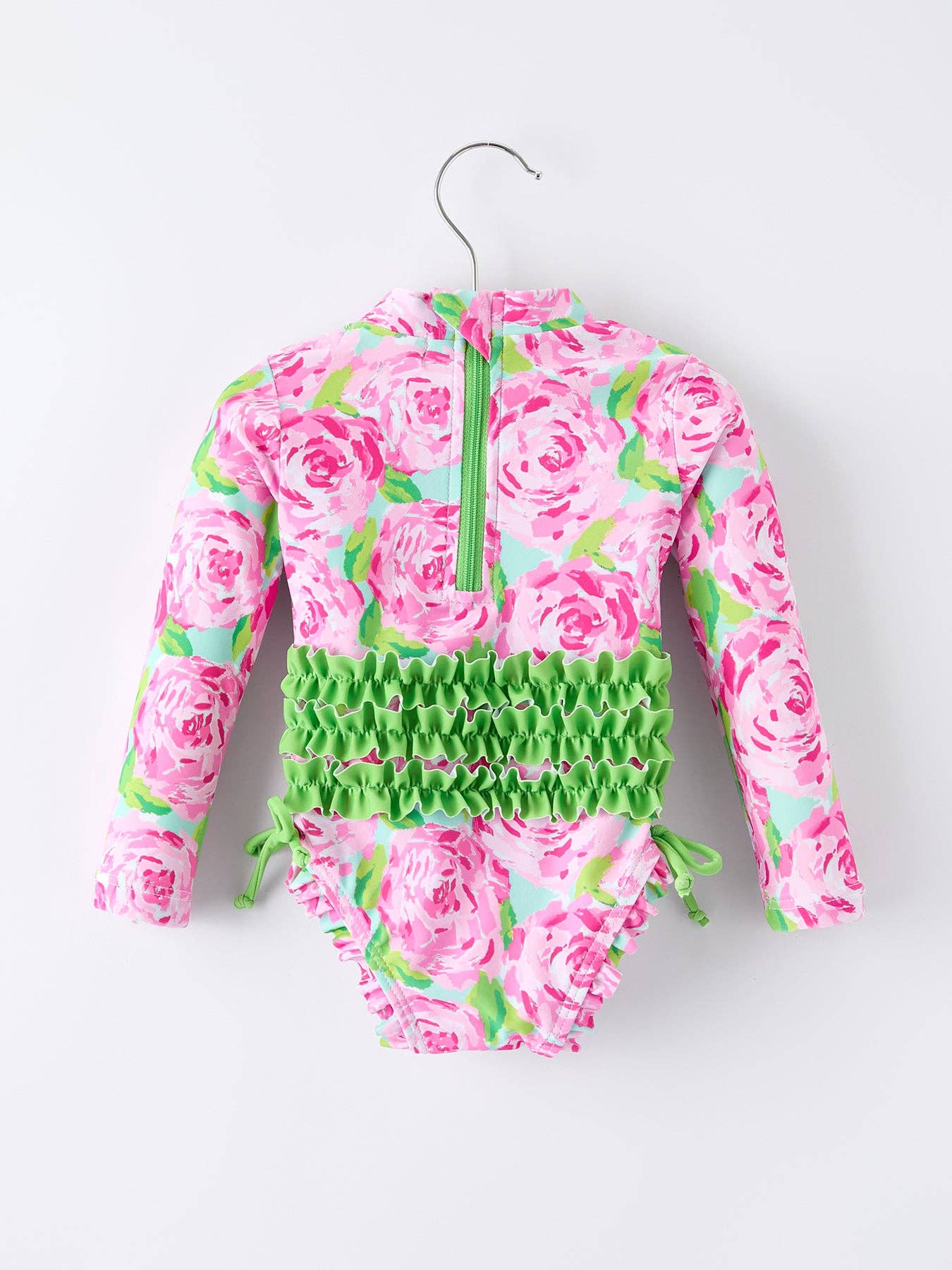 Rylee Faith Designs - Summer Rose Floral Print Girl Long Sleeve Ruffle One Piece Swimsuit