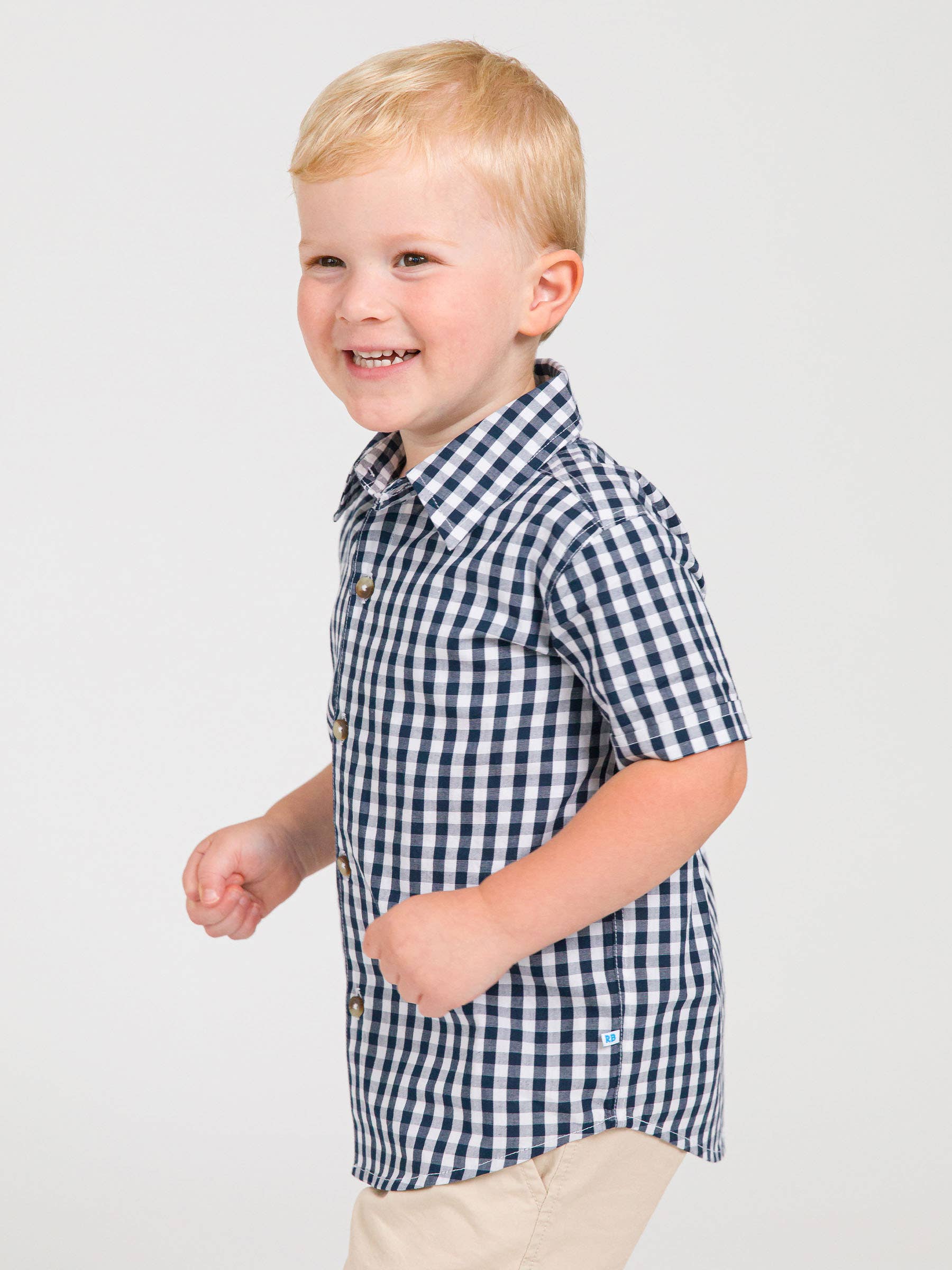 RuffleButts + RuggedButts - Boys Classic Dark Navy Gingham Short Sleeve Button Down Shirt