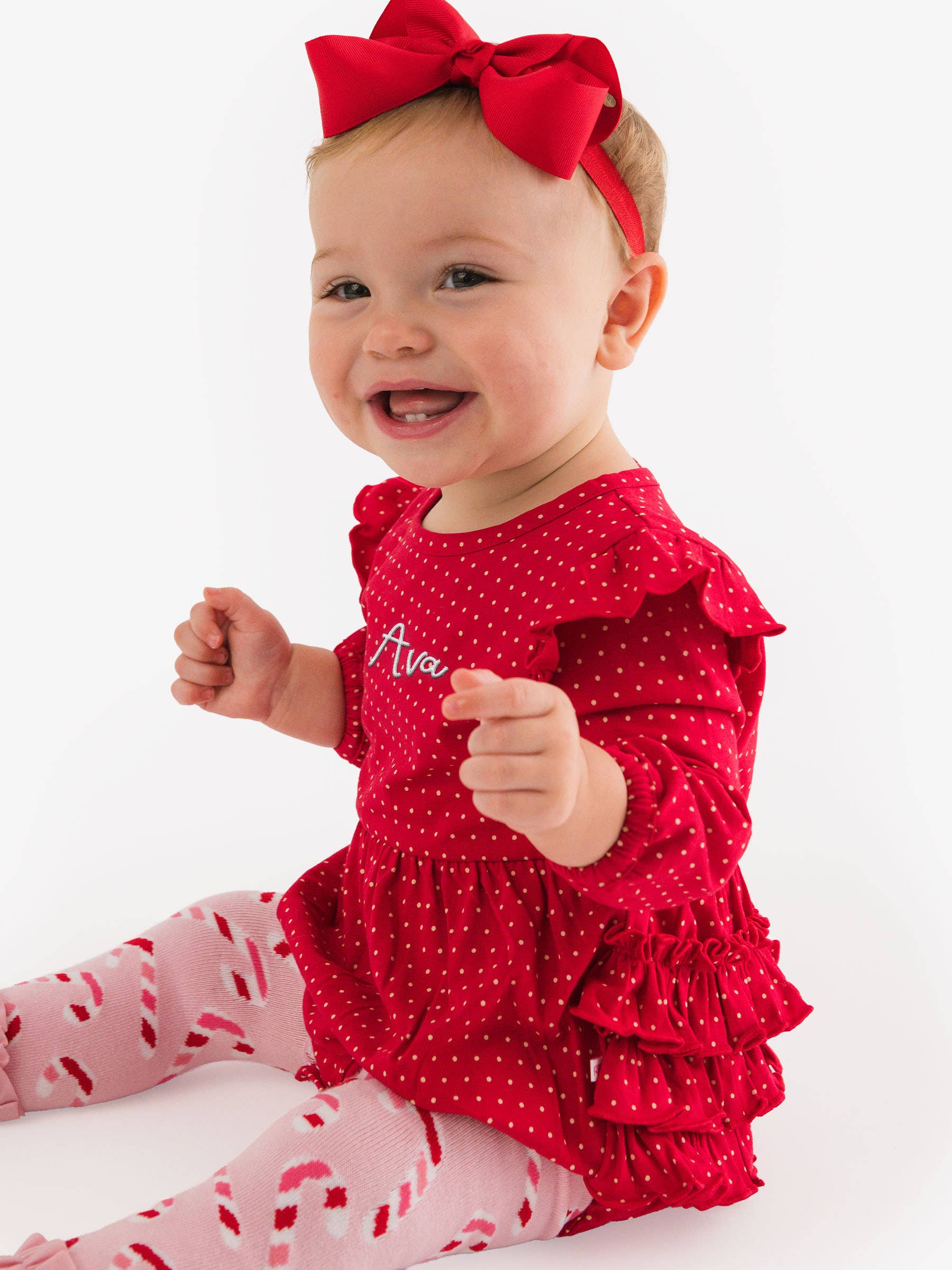RuffleButts + RuggedButts - Baby Girls Tiny Red & Pink Dots Knit Long Sleeve Flutter Bubble Romper