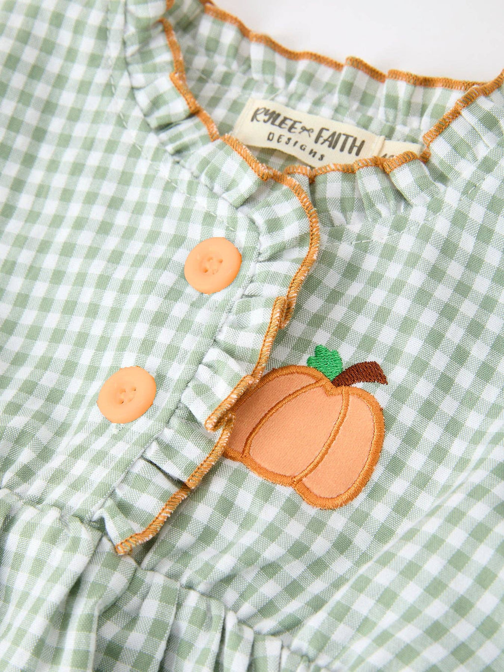 Rylee Faith Designs - Fall Plaid Baby Girl Outfit Set Pumpkin Applique Ruffle Top Bloomer
