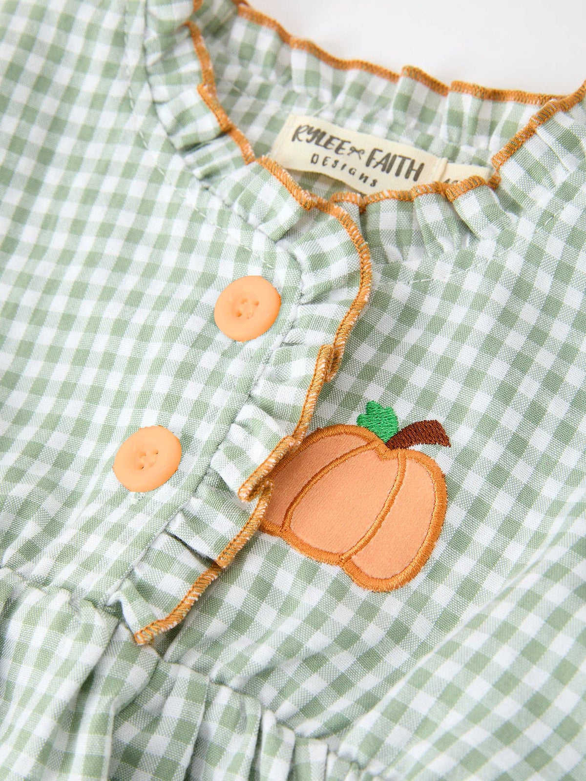 Rylee Faith Designs - Fall Plaid Baby Girl Outfit Set Pumpkin Applique Ruffle Top Bloomer