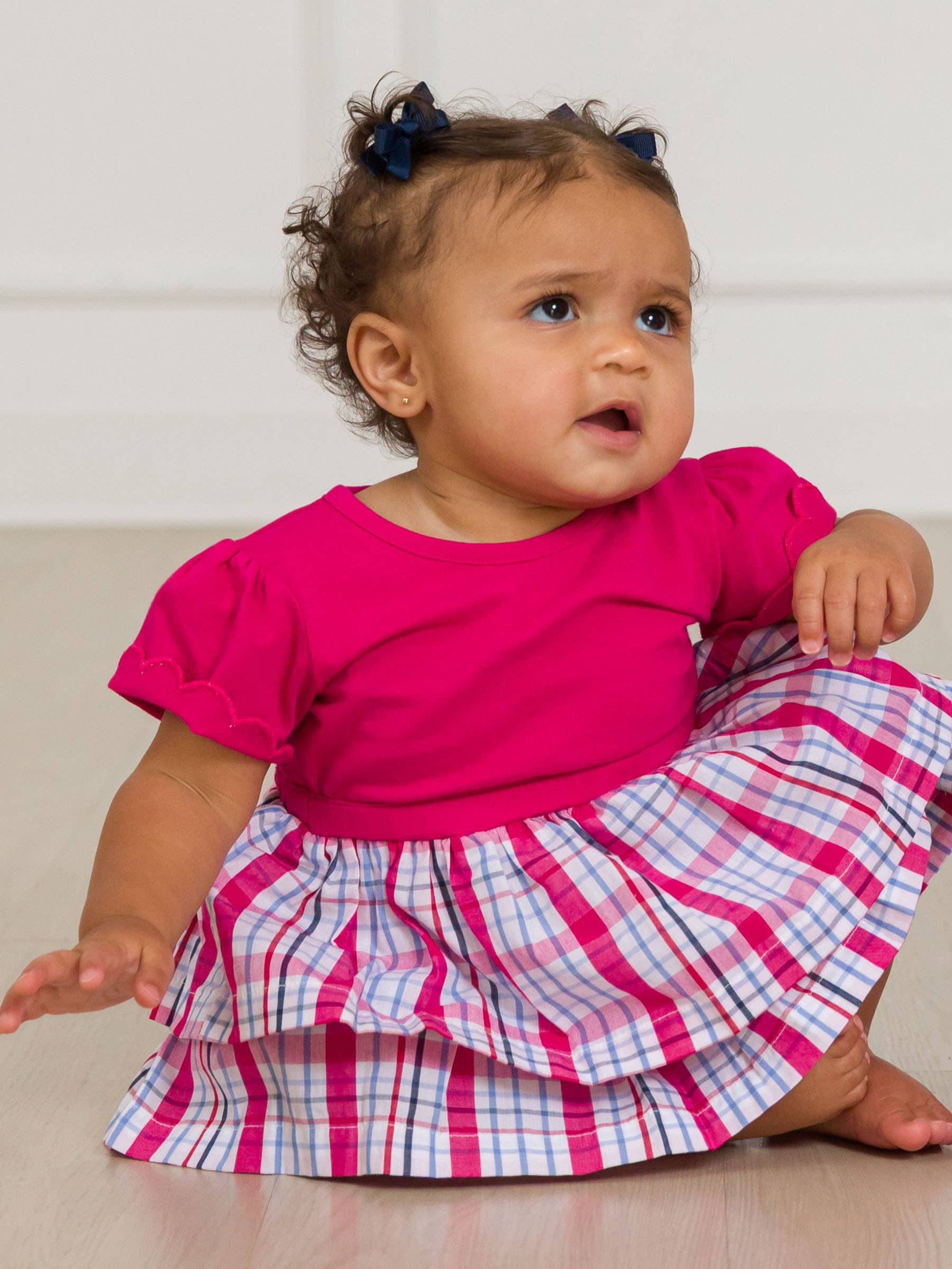 RuffleButts + RuggedButts - Baby Girls Adley Plaid Short Sleeve Skirted Romper