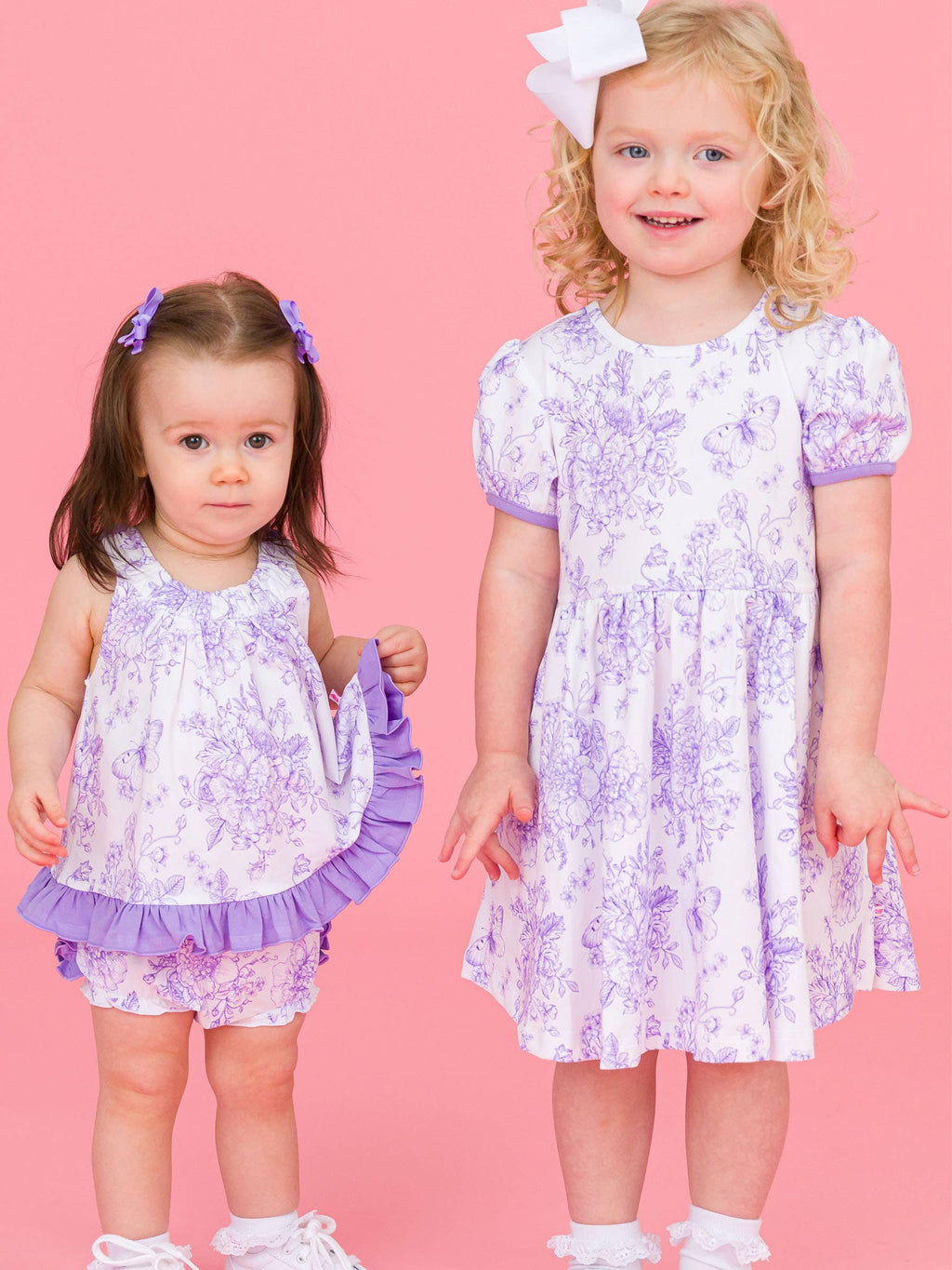 RuffleButts + RuggedButts - Girls Wisteria Purple Butterfly Garden Toile Puff Short Sleeve Bow Twirl Dress