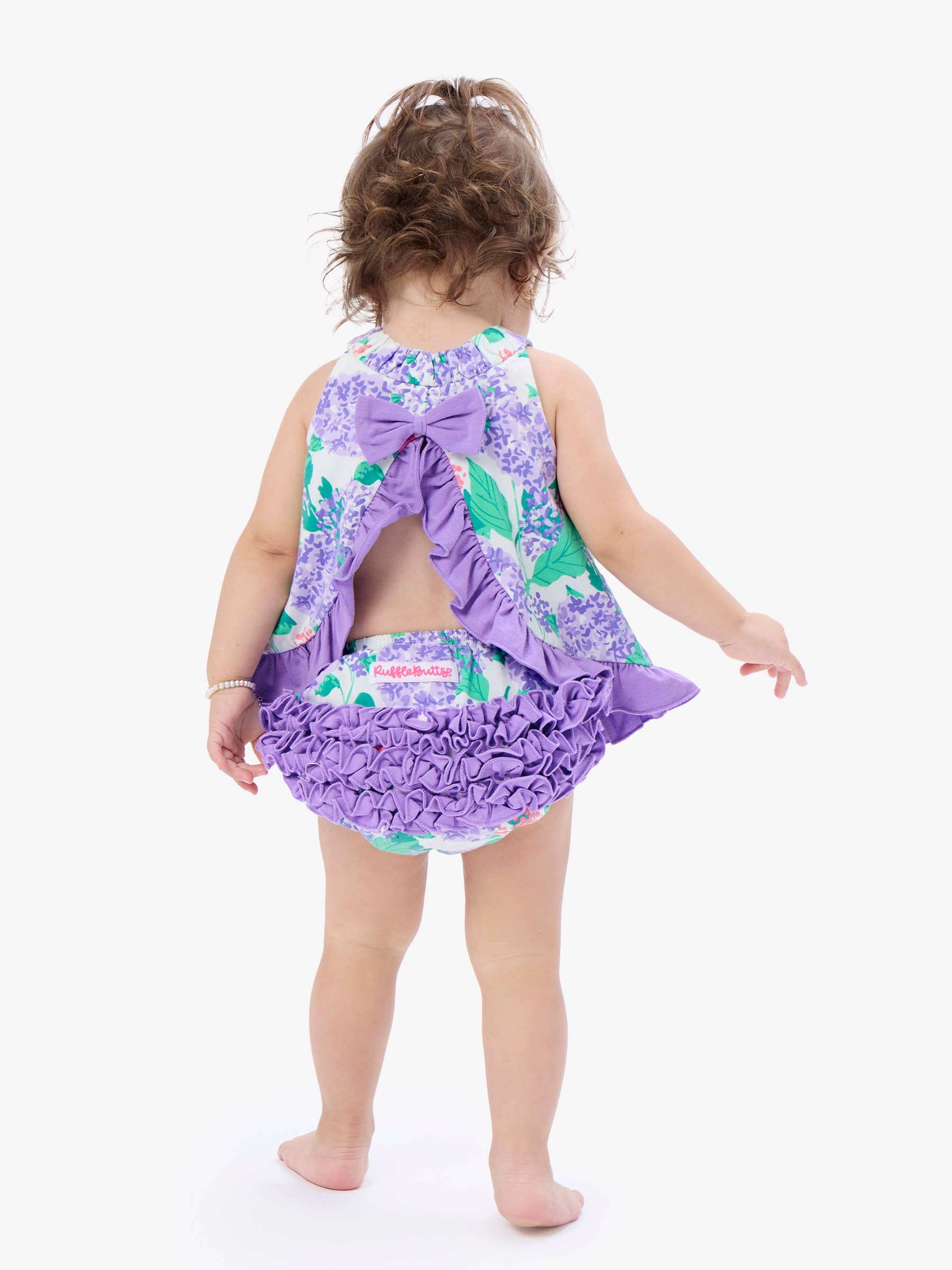RuffleButts + RuggedButts - Baby Girls Purple Hydrangea Garden Knit Swing Top & Bloomer Set