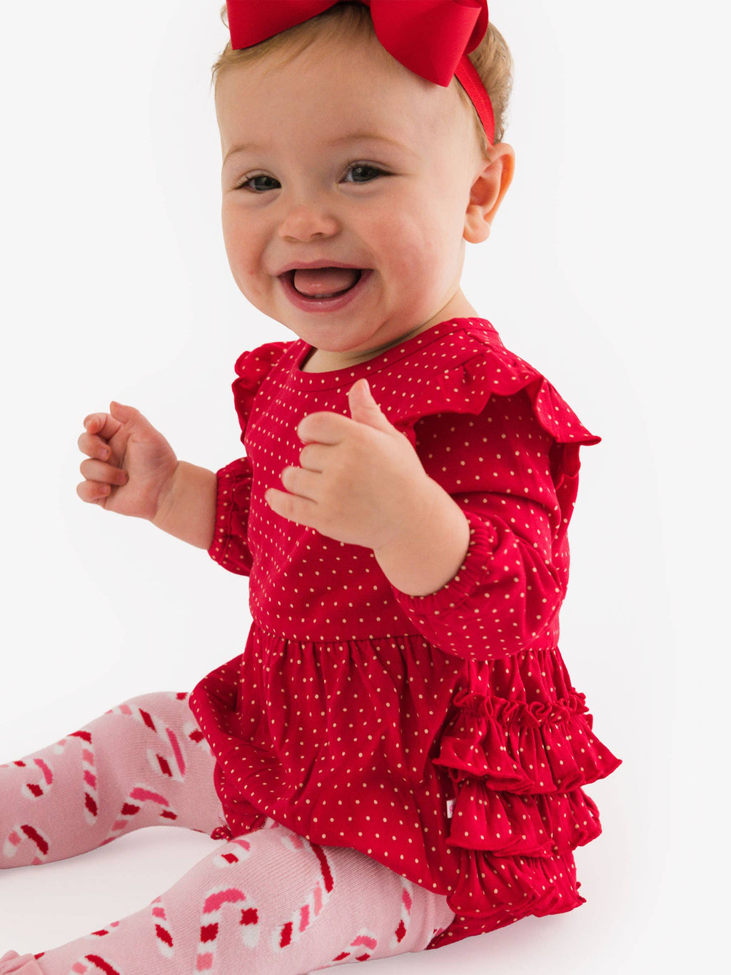 RuffleButts + RuggedButts - Baby Girls Tiny Red & Pink Dots Knit Long Sleeve Flutter Bubble Romper