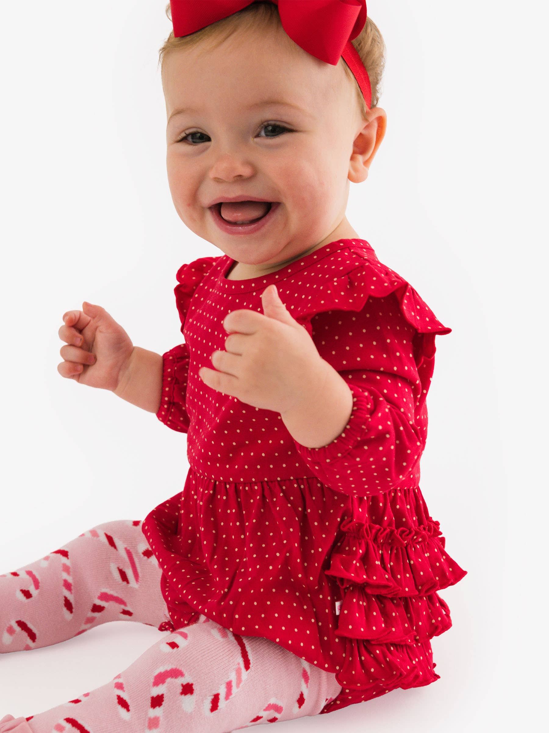 RuffleButts + RuggedButts - Baby Girls Tiny Red & Pink Dots Knit Long Sleeve Flutter Bubble Romper