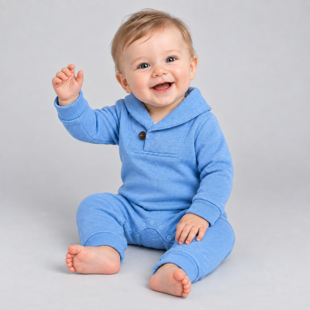 Baby Blue Corduroy Shawl Collar Romper