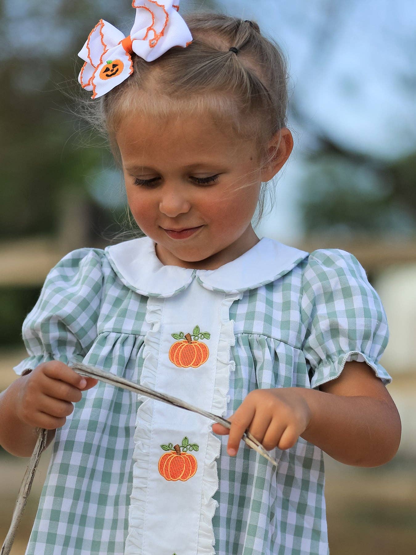 Rylee Faith Designs - Fall Halloween & Thanksgiving Pumpkin Applique Plaid Green Girls Dress