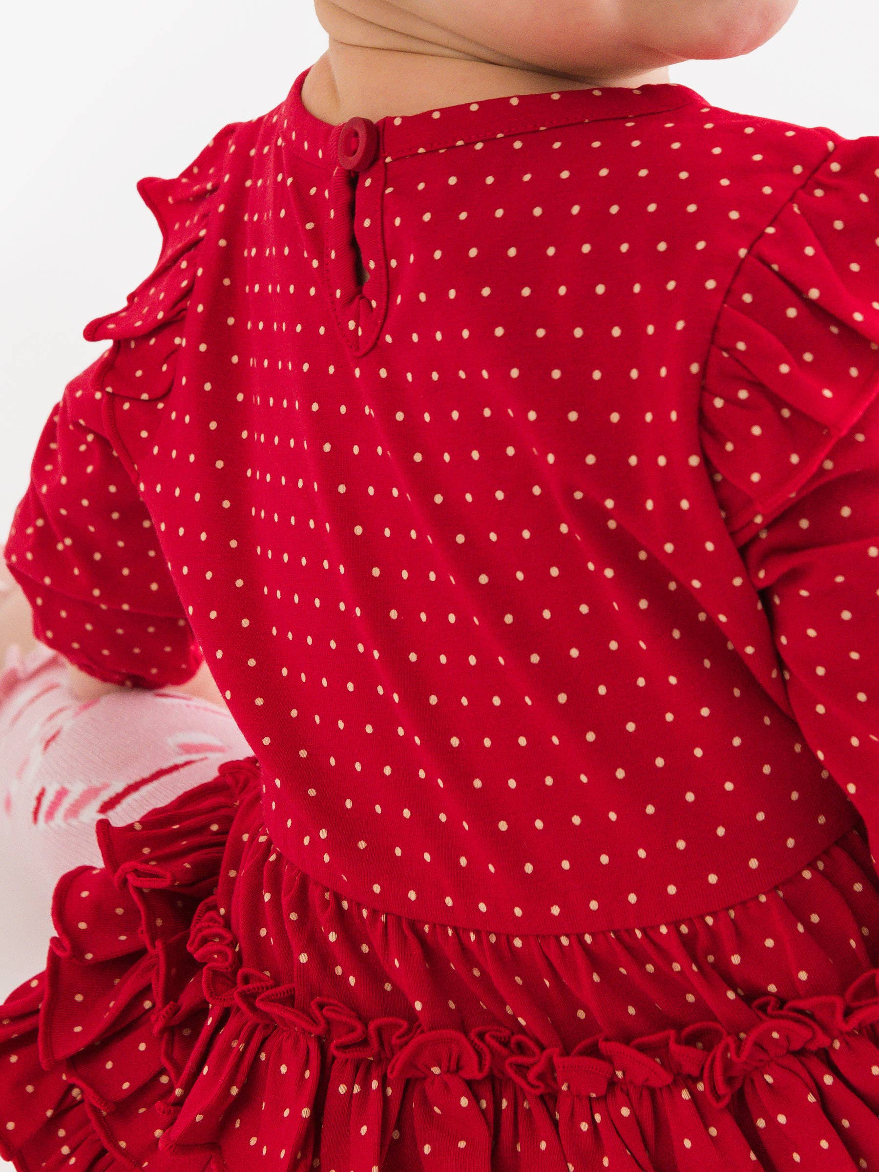 RuffleButts + RuggedButts - Baby Girls Tiny Red & Pink Dots Knit Long Sleeve Flutter Bubble Romper