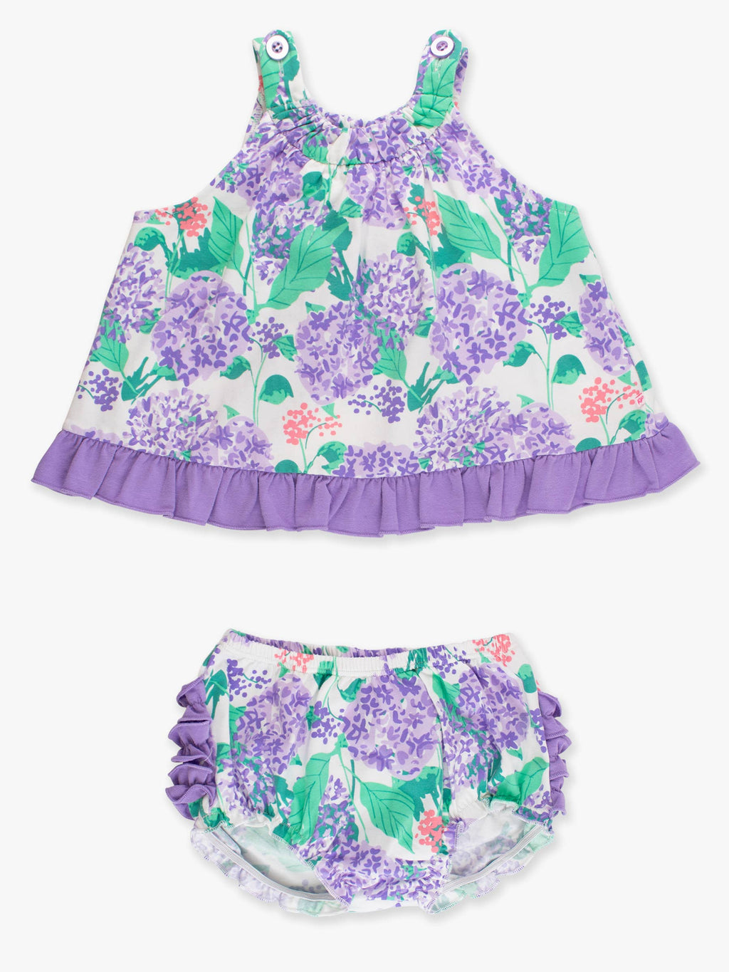 RuffleButts + RuggedButts - Baby Girls Purple Hydrangea Garden Knit Swing Top & Bloomer Set