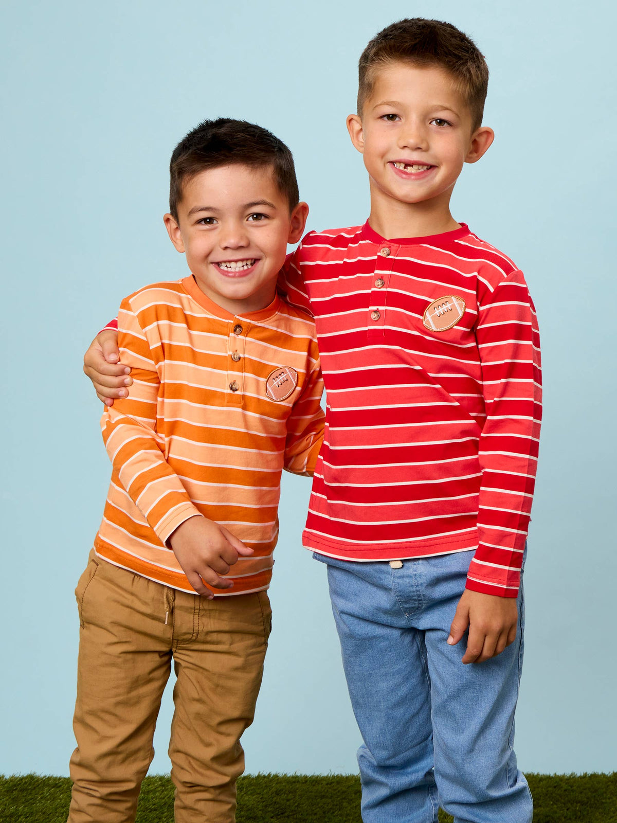 RuffleButts + RuggedButts - Boys Varsity Red Football Stripe Knit Long Sleeve Embroidered Henley Tee