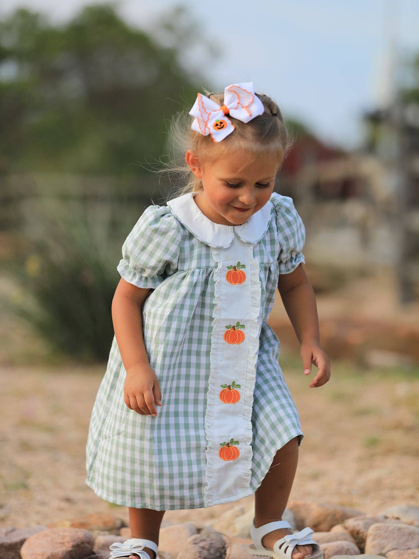 Rylee Faith Designs - Fall Halloween & Thanksgiving Pumpkin Applique Plaid Green Girls Dress