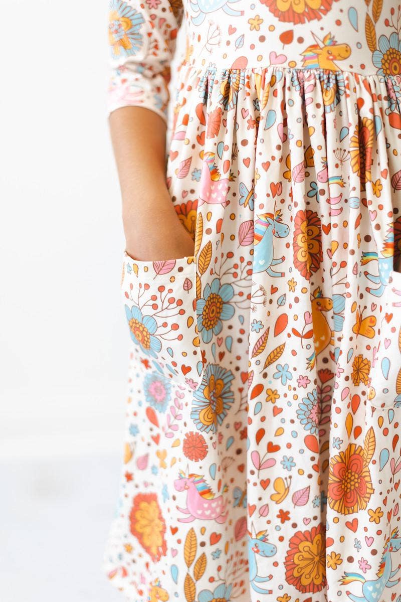 Mila & Rose - Retro Unicorns 3/4 Sleeve Pocket Twirl Dress