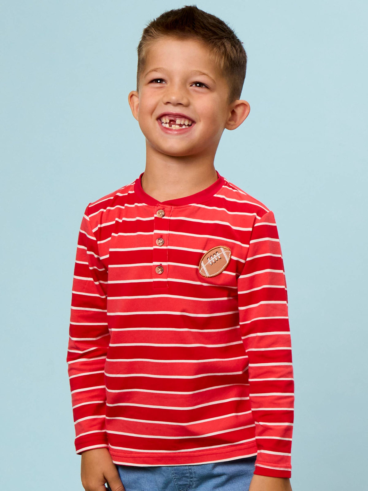 RuffleButts + RuggedButts - Boys Varsity Red Football Stripe Knit Long Sleeve Embroidered Henley Tee