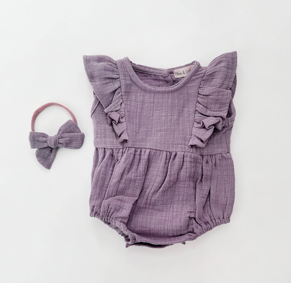 OLIVE & CRADLE - Milana Muslin Bubble Romper + Bow