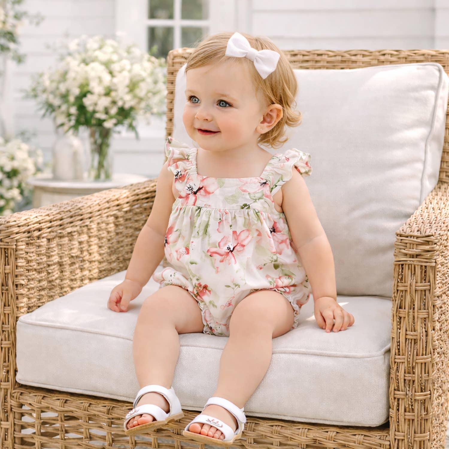 Tesa Babe - Baby Girl Floral Bubble Romper – Cotton Linen Sunsuit