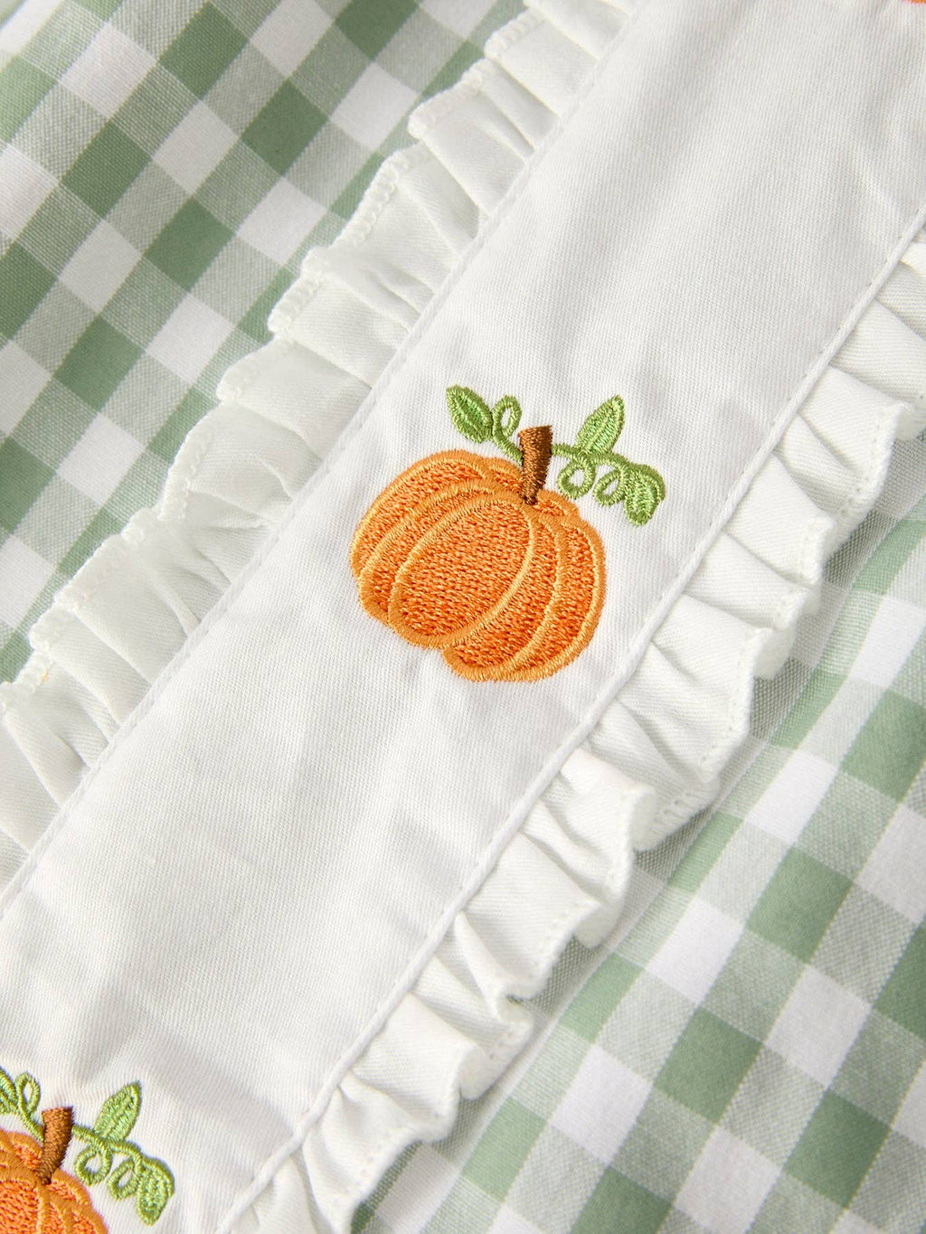 Rylee Faith Designs - Fall Halloween & Thanksgiving Pumpkin Applique Plaid Green Girls Dress