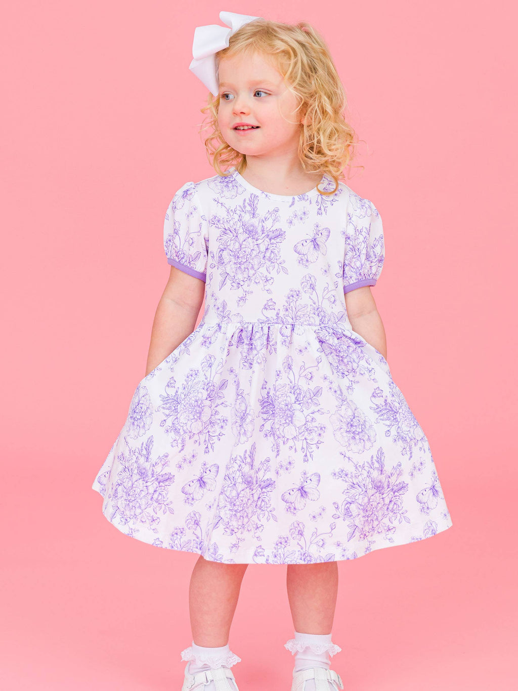 RuffleButts + RuggedButts - Girls Wisteria Purple Butterfly Garden Toile Puff Short Sleeve Bow Twirl Dress