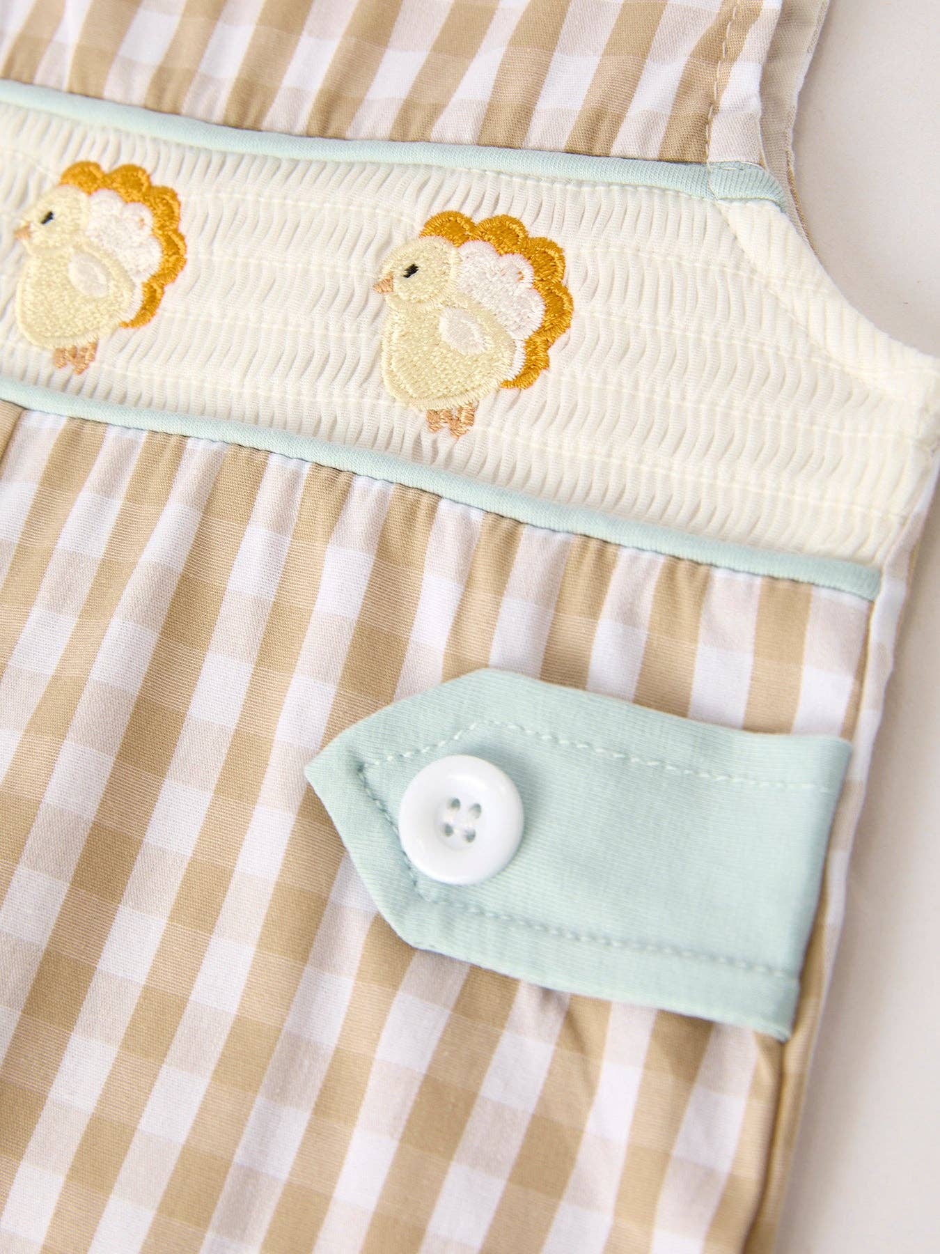 Rylee Faith Designs - Fall Thanksgiving Apricot Plaid Chick Embroidery Smocking Baby Boys Romper