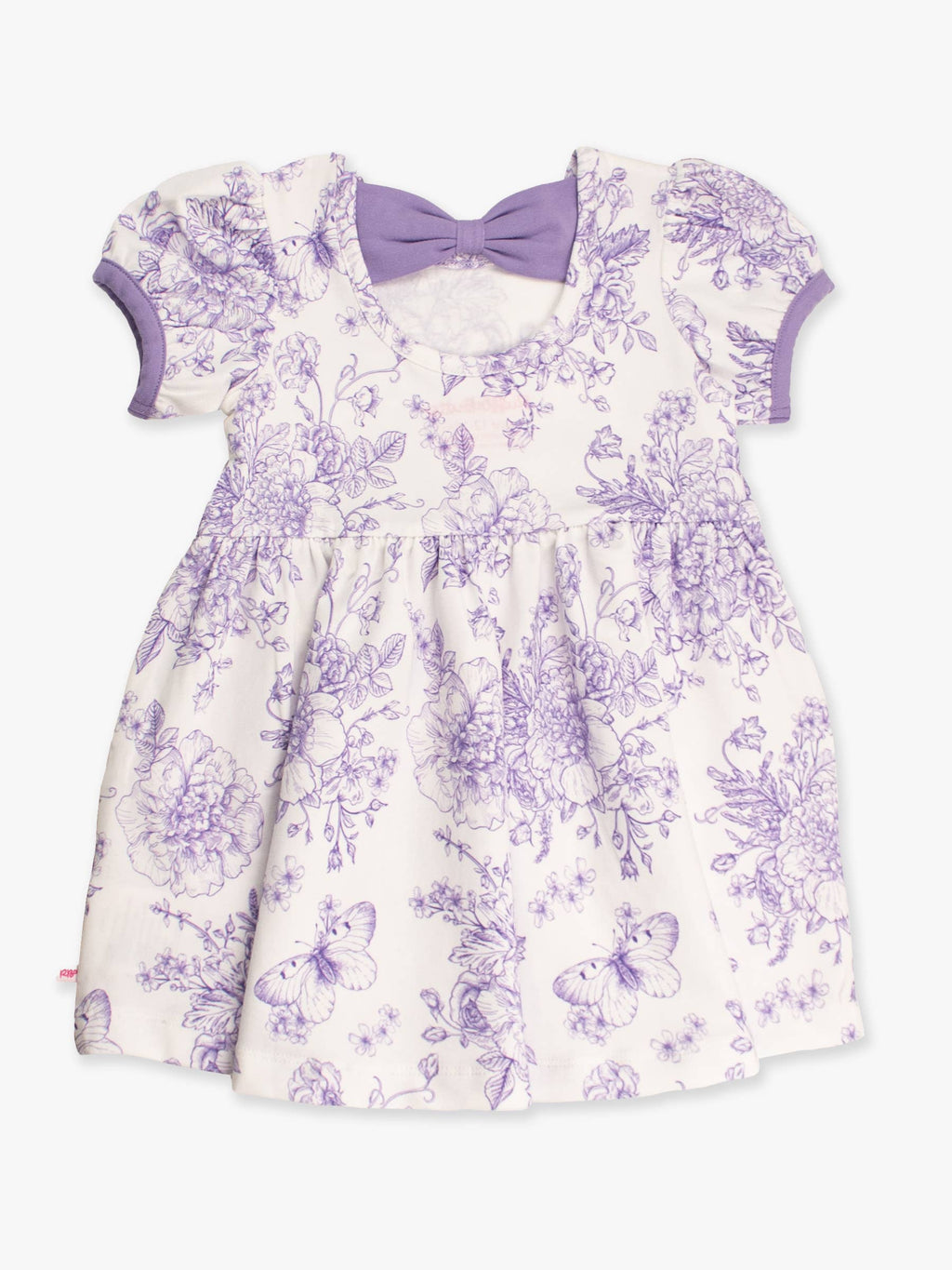 RuffleButts + RuggedButts - Girls Wisteria Purple Butterfly Garden Toile Puff Short Sleeve Bow Twirl Dress