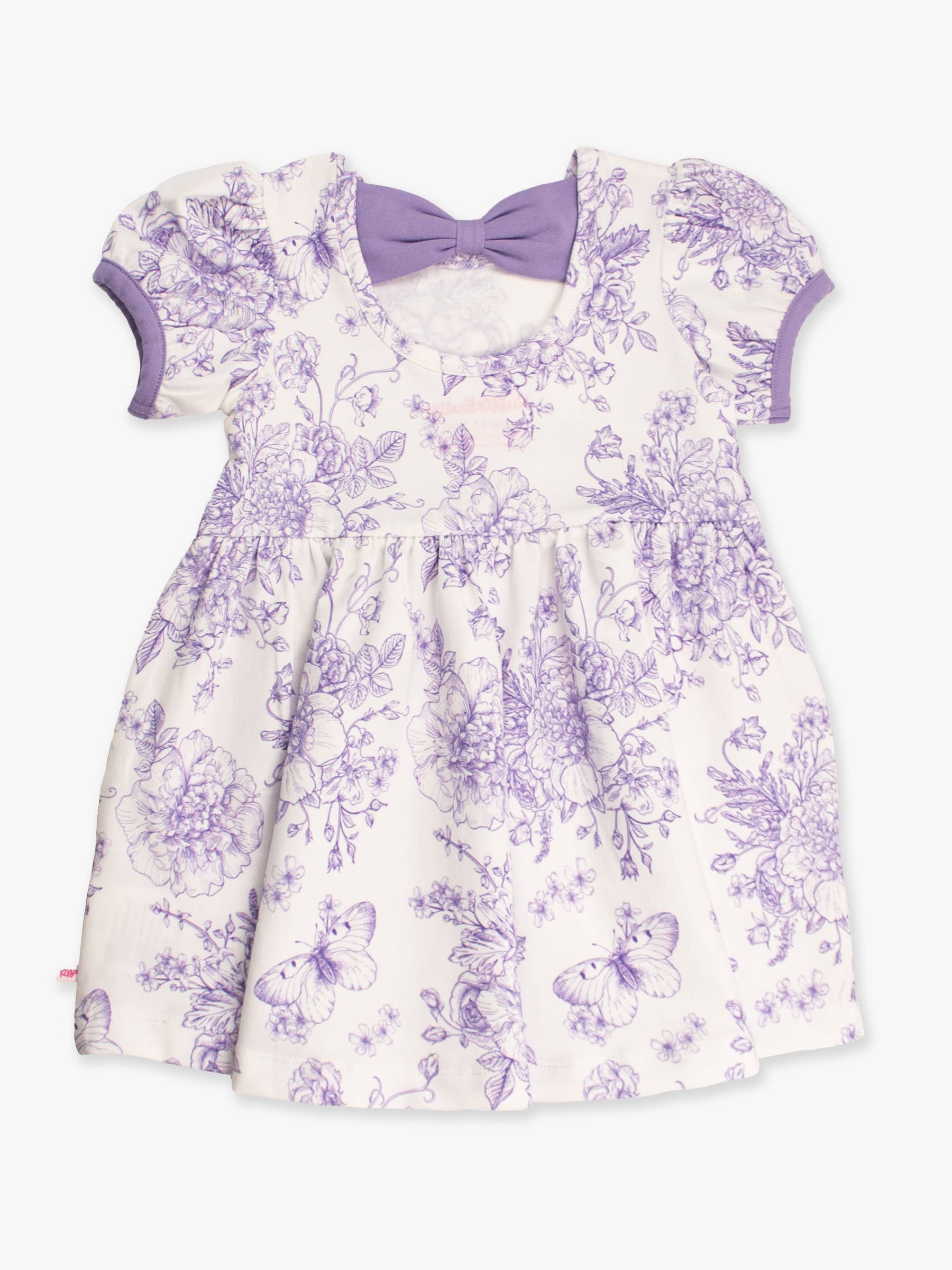 RuffleButts + RuggedButts - Girls Wisteria Purple Butterfly Garden Toile Puff Short Sleeve Bow Twirl Dress